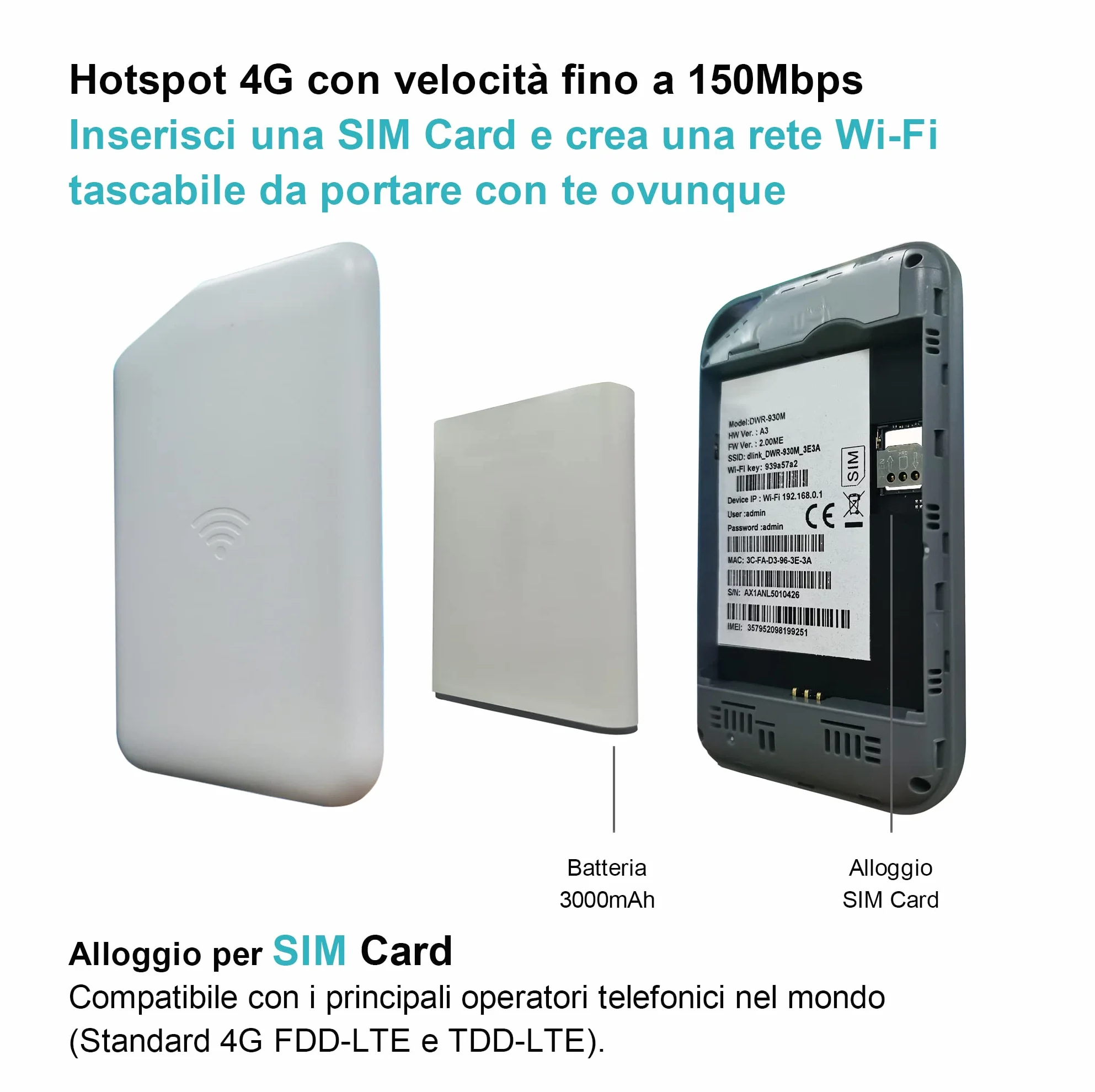 Mobile WiFi 4G LTE Router Cat4 150Mbps 3000mAh Modem USB Wireless