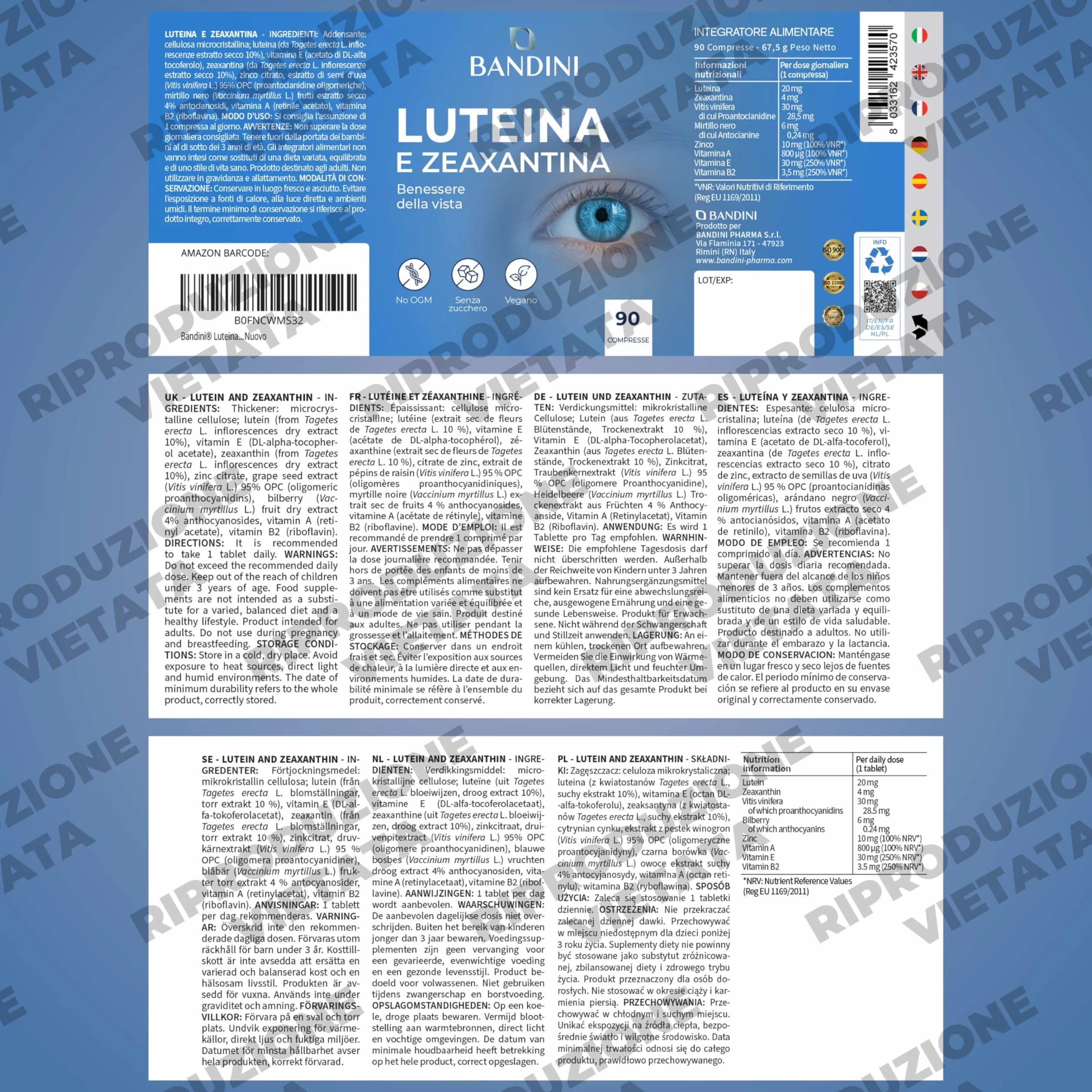 Bandini Luteina e Zeaxantina ad Alto Dosaggio, Integratore Occhi Vista Antiossidante con Mirtillo Nero e Vite Rossa, Zinco, Vitamine A, B2, E – 90 Compresse