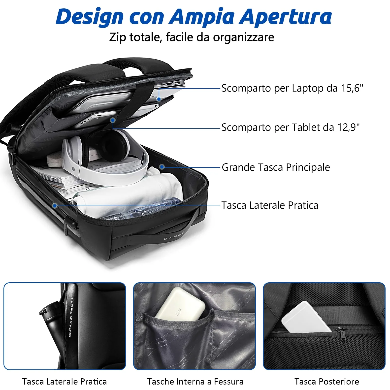 VARLIVOO Moda Uomo Zaino USB Port Parola d'ordine Serratura Antifurto Zainetto 15,6" Laptop Uomo Borse Lavoro Viaggio Scuola Impermeabile Polyester Nero