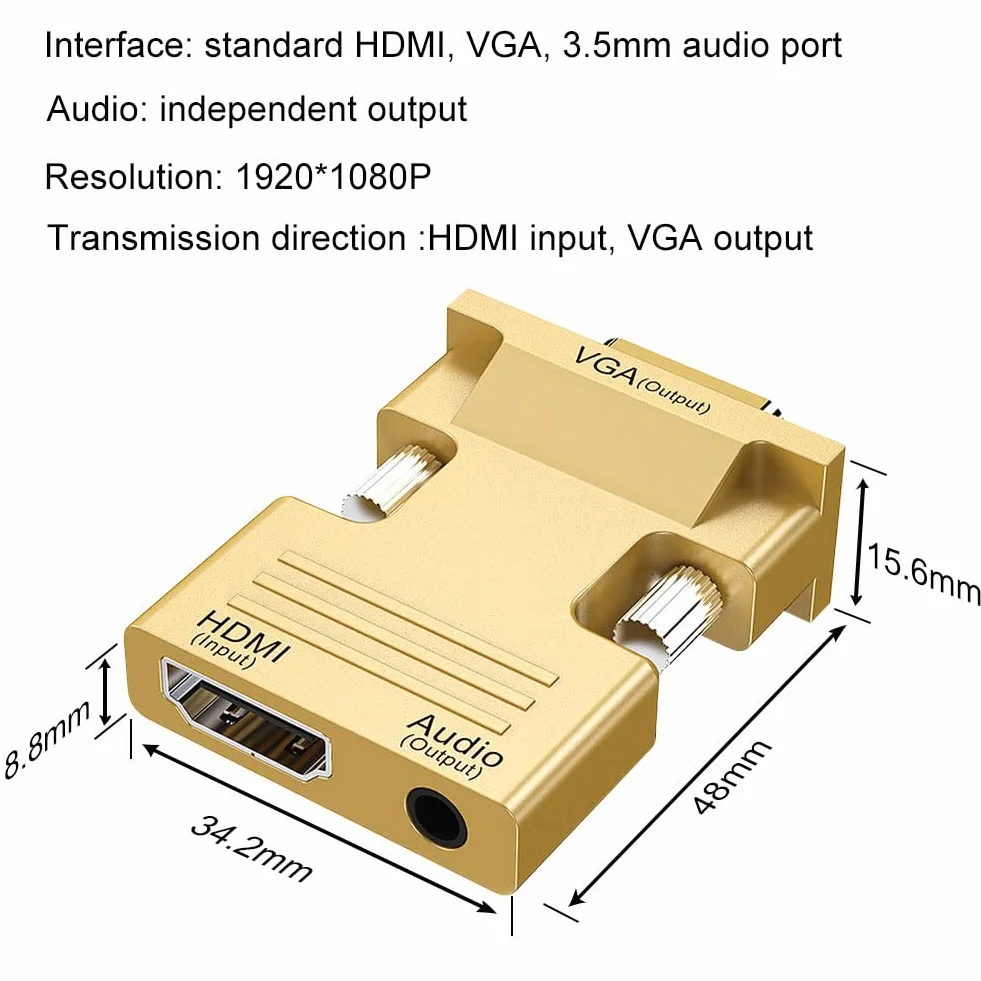 Adattatore HDMI a VGA, 1080P HDMI Femmina a VGA Maschio Cavo Audio Video Convertitore con Cavo Audio da 3,5 mm per Computer, Desktop, Monitor, HDTV Ecc (Oro)