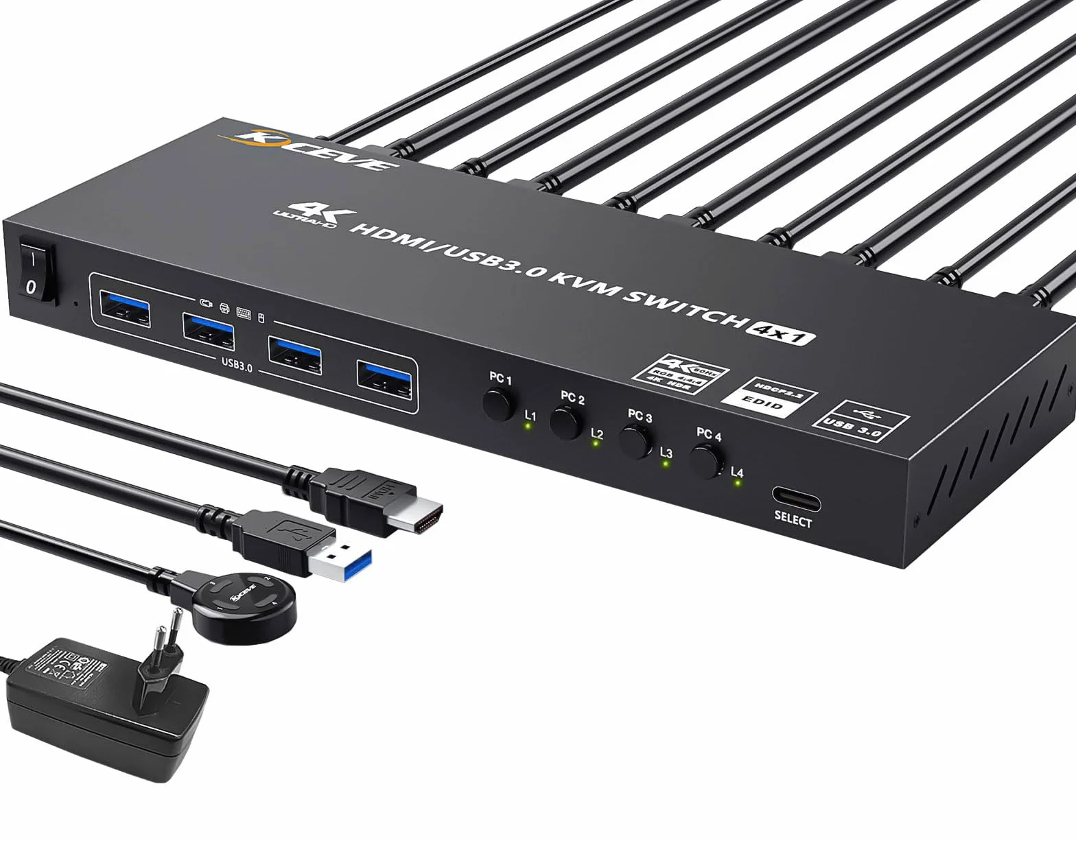 Switch KVM USB 3.0 HDMI 4 PC 1 Monitor, 4K@60Hz EDID Simulato 4 Porte Commutatore KVM, KVM Switch Condividi 4 Sispositivi USB 3.0 Tastiera Mouse Senza Fili Stampante, con 5 Cavi e Telecomando Cablato