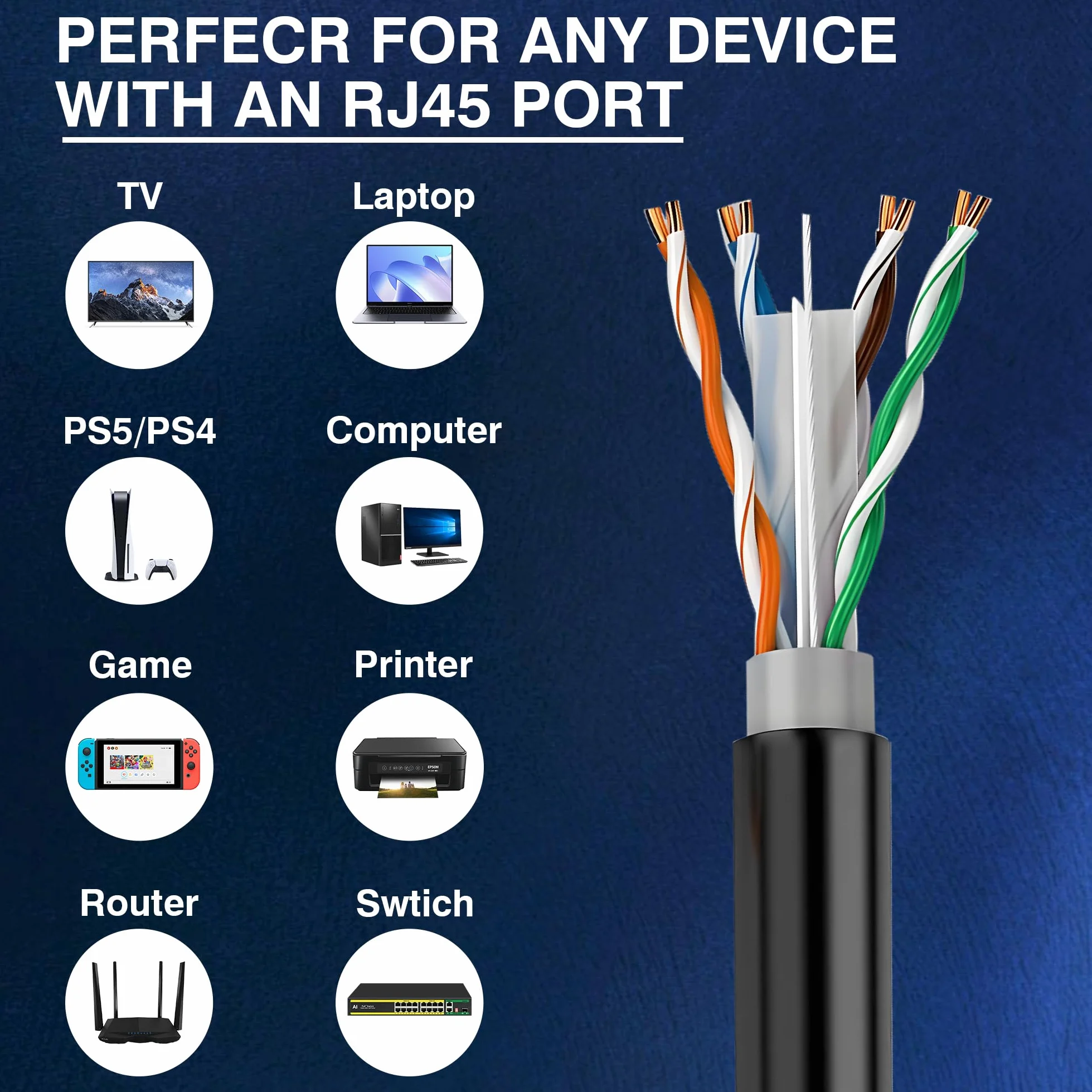 Cavo Ethernet da esterno Cat 6 a discarica diretta da 304,8 m, impermeabile, resistente ai raggi UV, rame nudo massiccio 23 AWG, 550 MHz, PoE++ (4PPoE), UTP non schermato, CMX, asse di rete