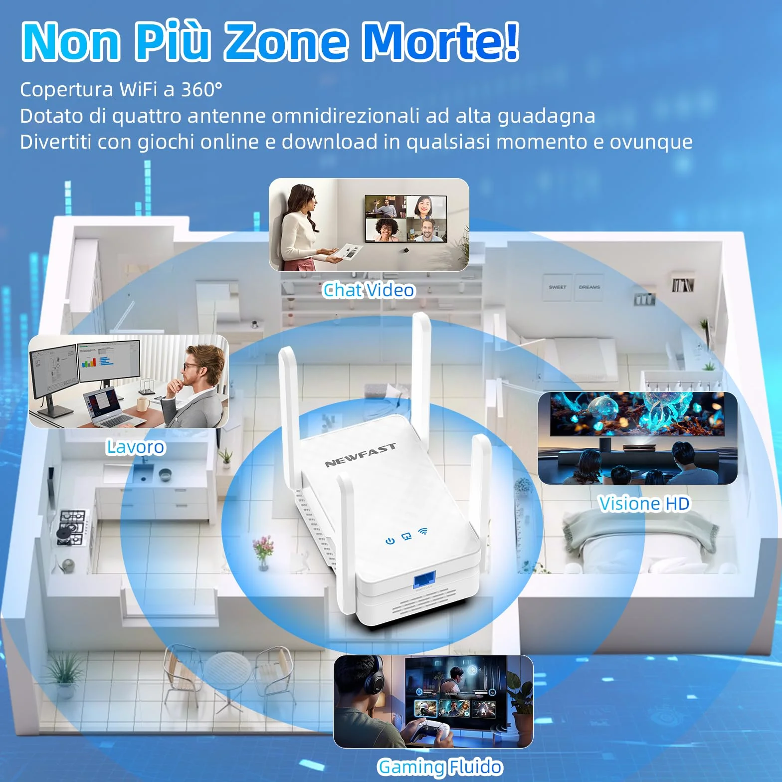 NEWFAST 3000Mbps Ripetitore WiFi Potente per Casa, WiFi6 WiFi Extender Dual Band 2.4G/5GHz con 4 * 5dBi Antenne, Porta Gigabit Ethernet, WPS Funzione, Supporta Modalità Ripetitore/Router/AP