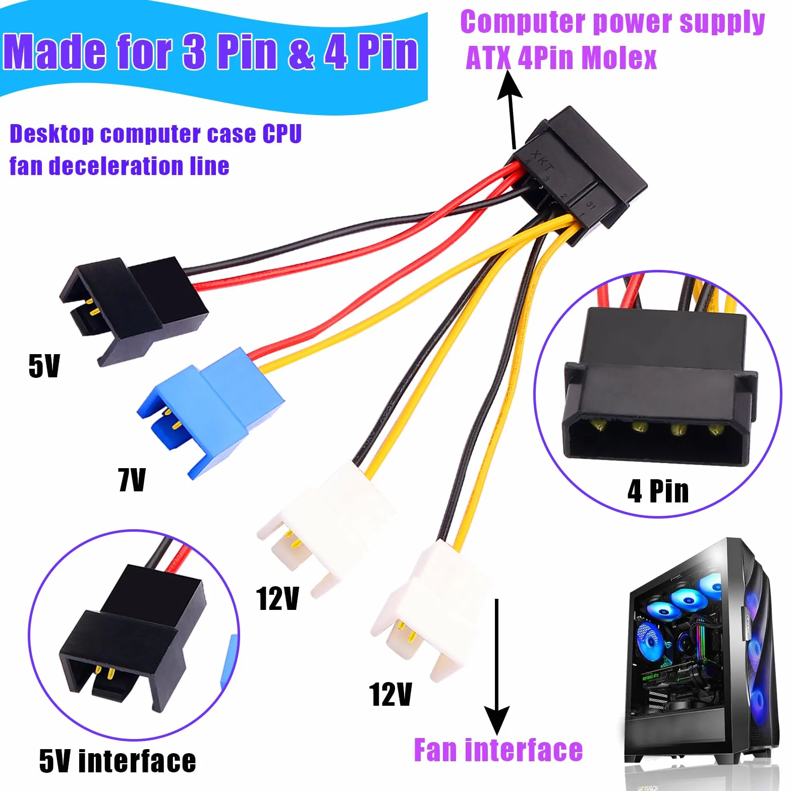 Splitter cavi controllo ventola 4 poli 4/3 pin 3 impostazioni velocità 12V/7V/5V computer