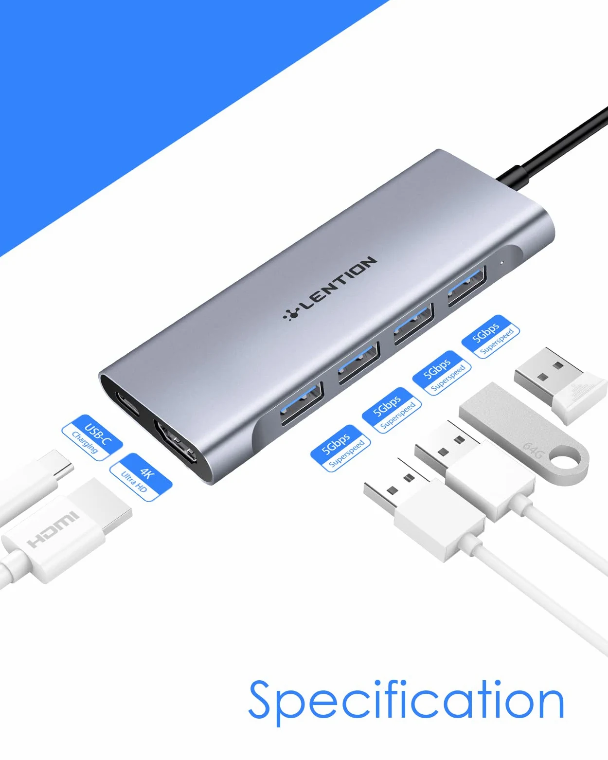 LENTION Hub USB C HDMI 4K, 4 Porte USB 3.0, PD 100W Ricarica di Tipo C, Adattatore per 2023-2016 MacBook Pro M2 M1, Mac Air, iPhone 15 Plus Pro Max, Surface PRO 9, Chromebook (C35H, Grigio Spazio)
