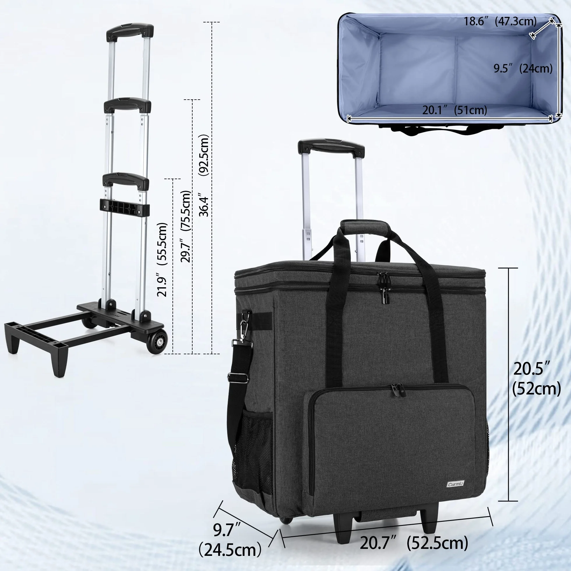 CURMIO Borsa da viaggio per computer a doppio strato con carrello rimovibile, Nero