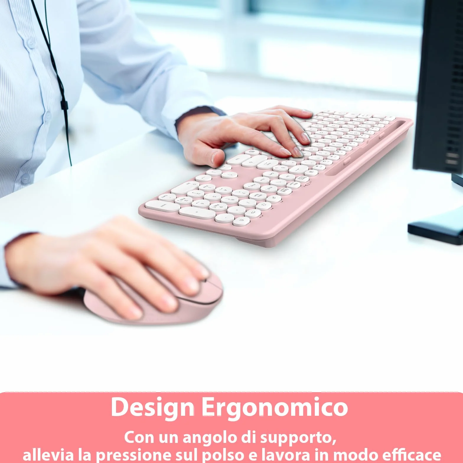 LeadsaiL Set Tastiera e Mouse Wireless, Italiano QWERTY 2.4GHz Full-Size Tastiera e Mouse Senza Fili con Supporto per Telefono e Tablet, Ergonomica, Tastierino Numerico per Computer, PC, Laptop-Rosa