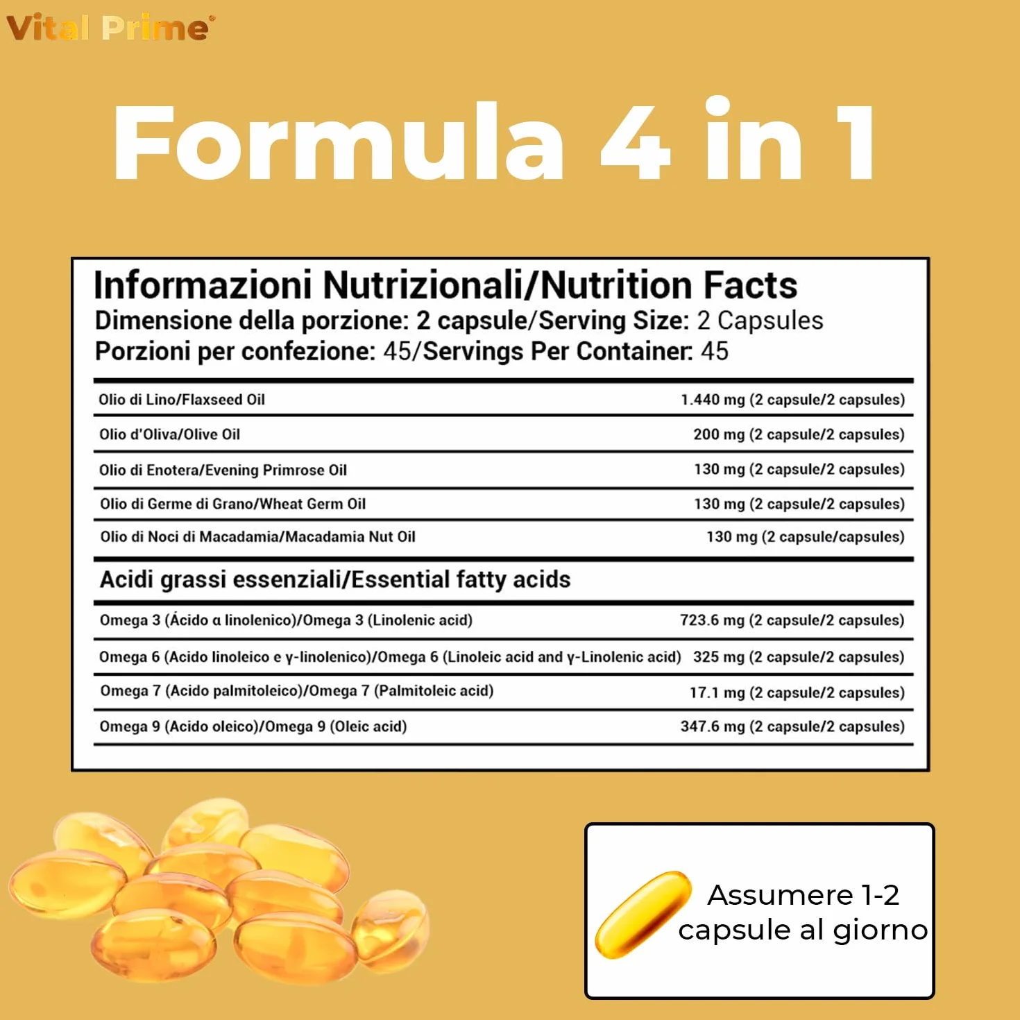 Omega 3 6 7 9 2800mg 90 Perle Capsule Molli con Oli di Lino, Enotera, Oliva, Germe di Grano e Noci di Macadamia
