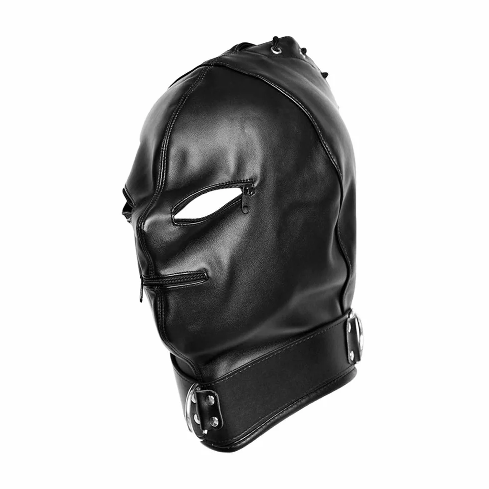 SXOVO BDSM Maschera per la testa in pelle regolabile con occhi aperti e bocca con cerniera per bondage erotico