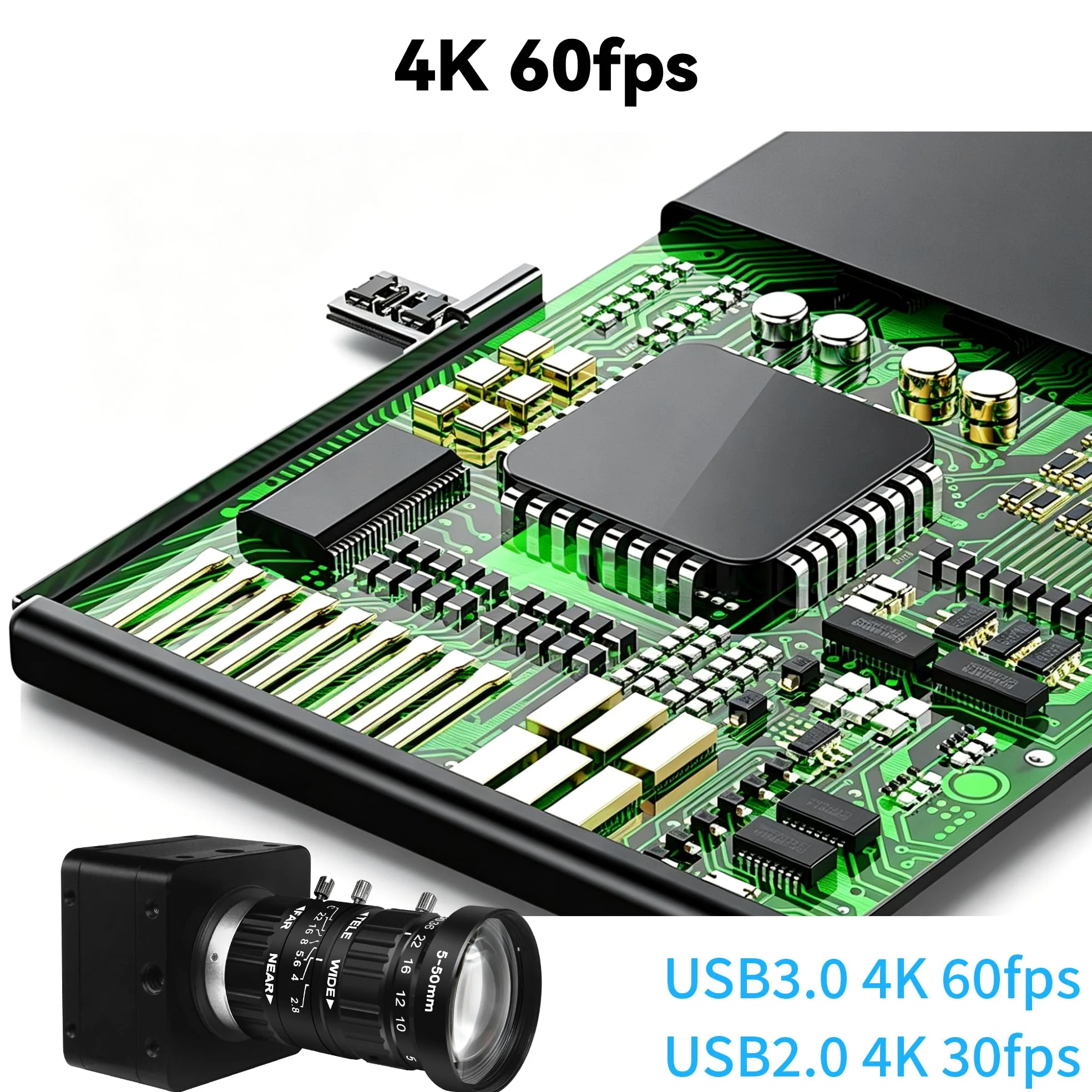 SVPRO Fotocamera USB 3.0, fotocamera USB 4K ad alta velocità 60 fps, webcam con messa a fuoco manuale da 8,3 MP con obiettivo CS da 5-50 mm, zoom 10X Streaming Cam UVC Plug and Play per Windows/Linux
