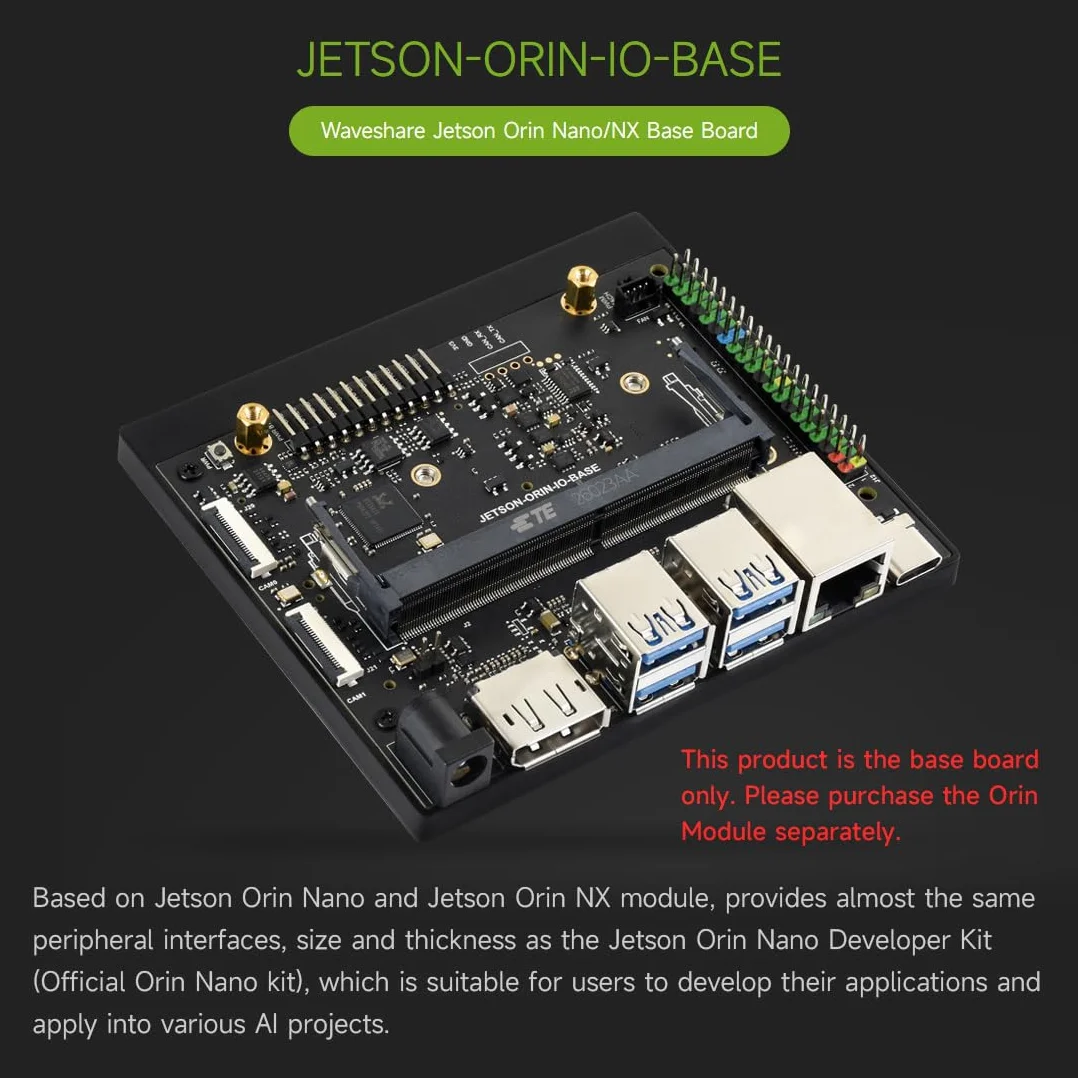 Waveshare Jetson Orin Nano/NX AI Development Board, with Two 4-lane CSI Ports, Two M.2 Key M and One M.2 Key E Ports, 5 USB Ports, 4K High-definition DisplayPort Port, compatible with Orin Module
