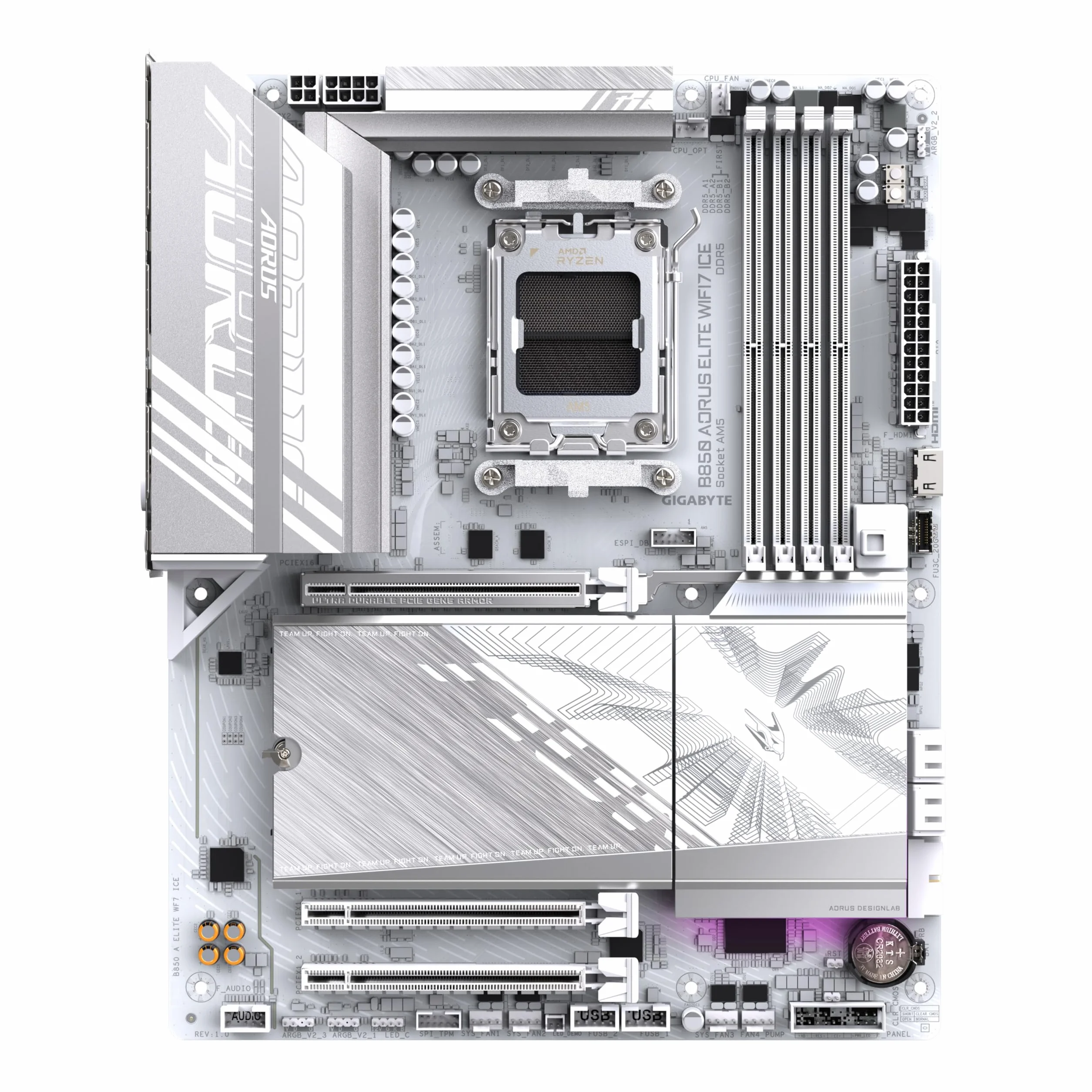 GIGABYTE B850 AORUS ELITE WIFI7 ICE Scheda Madre - CPU AMD Ryzen Serie 9000, VRM digitale 14+2+2 fasi, fino a 8200MHz DDR5 (OC), 1xPCIe 5.0 + 2xPCIe 4.0 M.2, LAN 2,5, WIFI 7, USB 3.2 Gen 2x2