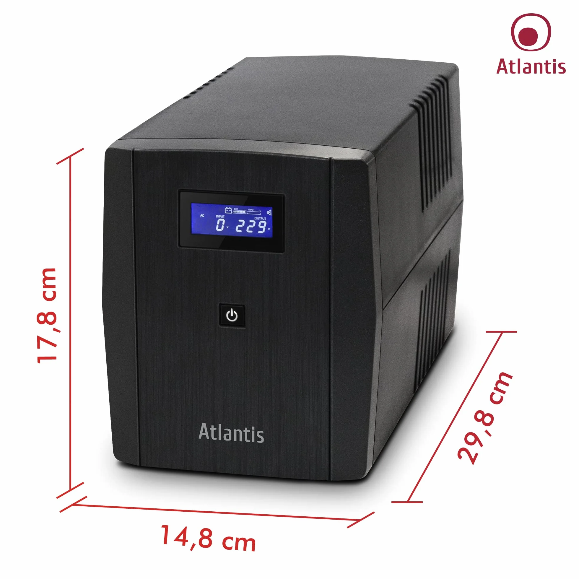 Atlantis OnePower 1200, UPS Line Interactive 1200VA/700W, AVR, Onda PseudoSinusoidale, 3 prese IEC+2 prese Schuko, 2 Batterie 12V 7Ah