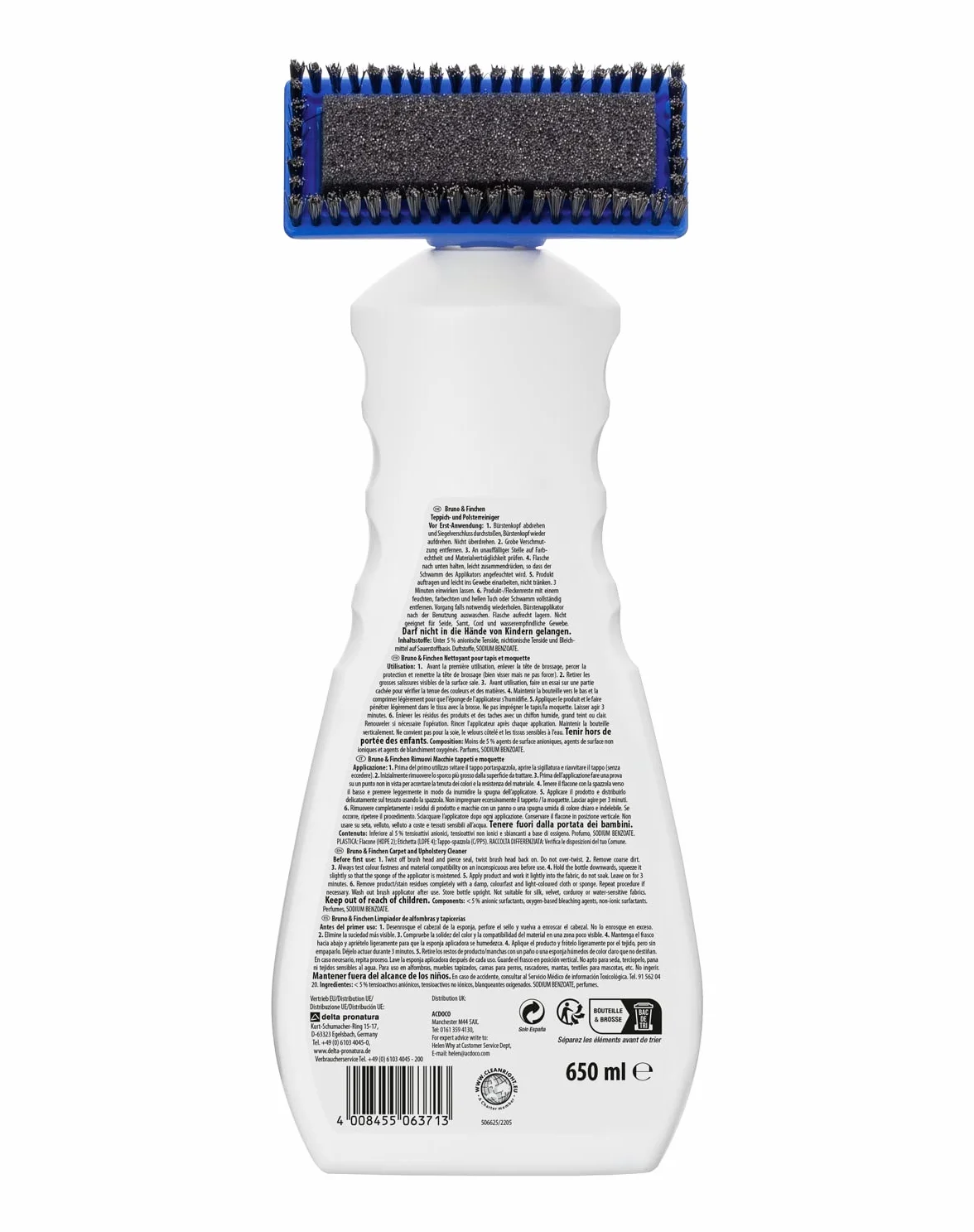 Bruno & Finchen Smacchiatore per tappezzeria e tappeti 650 ml Detergente anti urina cani e gatto