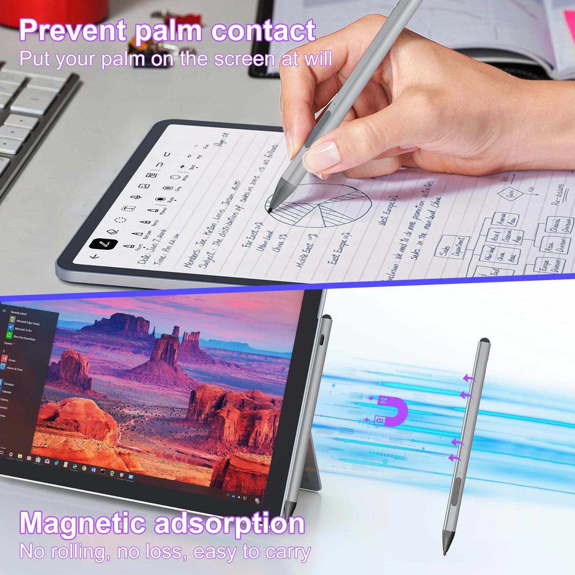 Penna Stylus per Surface Pro 11/10/9/8/7, Penna Ricaricabile con Palm Rejection e Aggancio Magnetico, 4096 Livelli di Pressione, per Surface Laptop 1 a 5, Go 3/2, Book, 3 Punte di Ricambio
