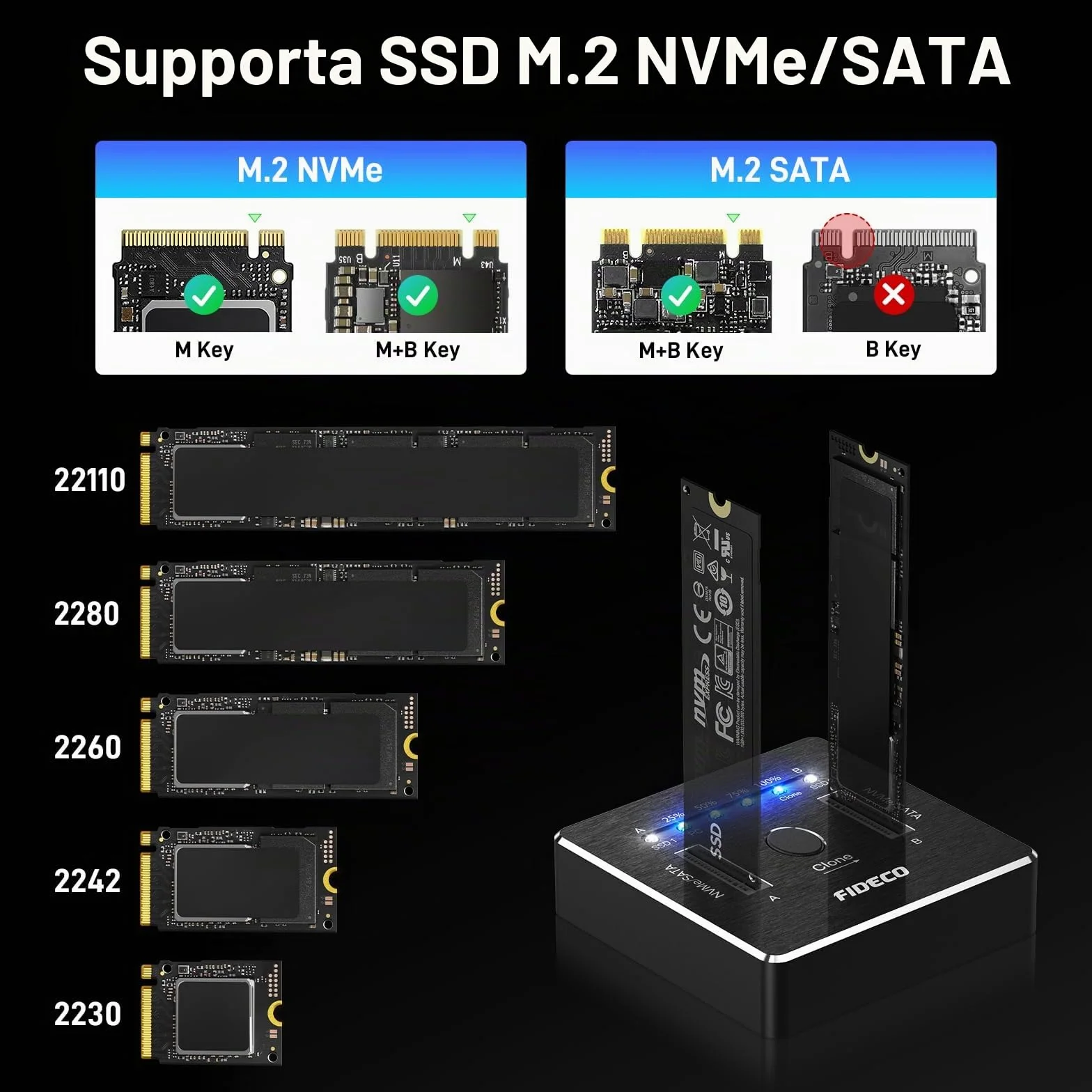 FIDECO M.2 NVMe SATA SSD Enclosure USB 3.2 Gen 2 10Gbps Aluminium Clone Support