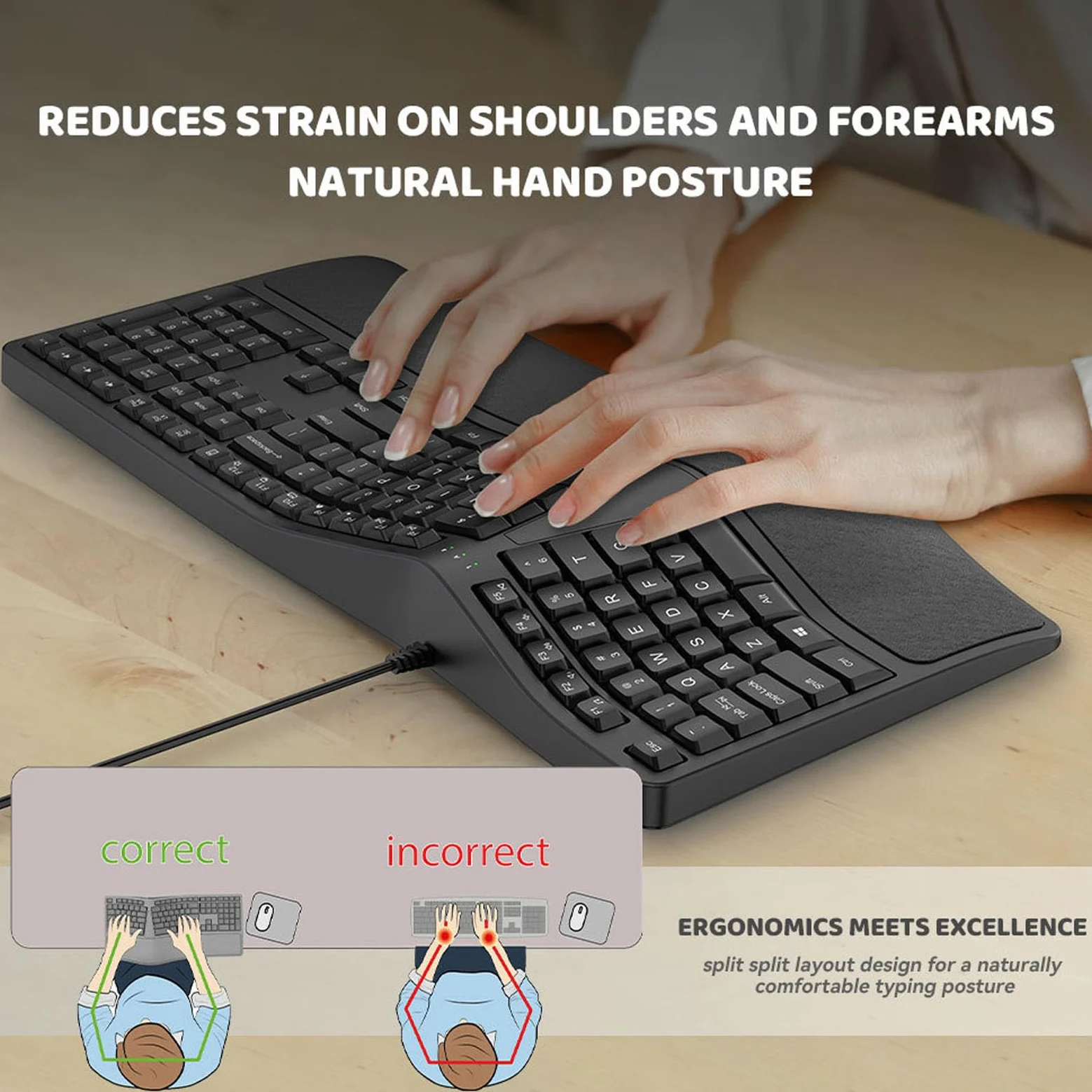 Tastiera Ergonomica Divisa, Tastiera per Computer USB 2.0 Cablata con 110 Tasti e Design Silenzioso, con Poggiapolsi Ad per PC Portatile, comodità di Digitazione in Ufficio