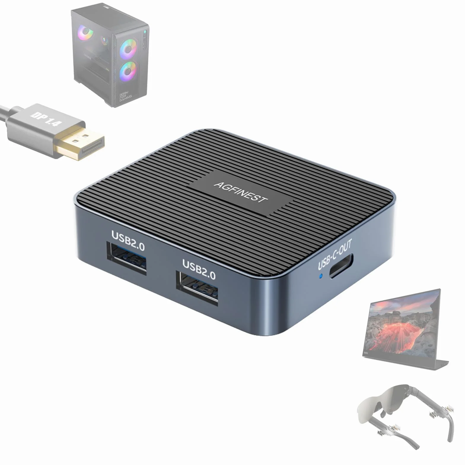 Adattatore da DisplayPort a USB C per occhiali AR, 4K120Hz 2K240Hz HDR 3x USB 2.0 Hub sorgente unidirezionale DP1.4 a USB C per PC GPU a XREAL, VITURE, Rayneo, Rokid, monitor portatile (cavo di