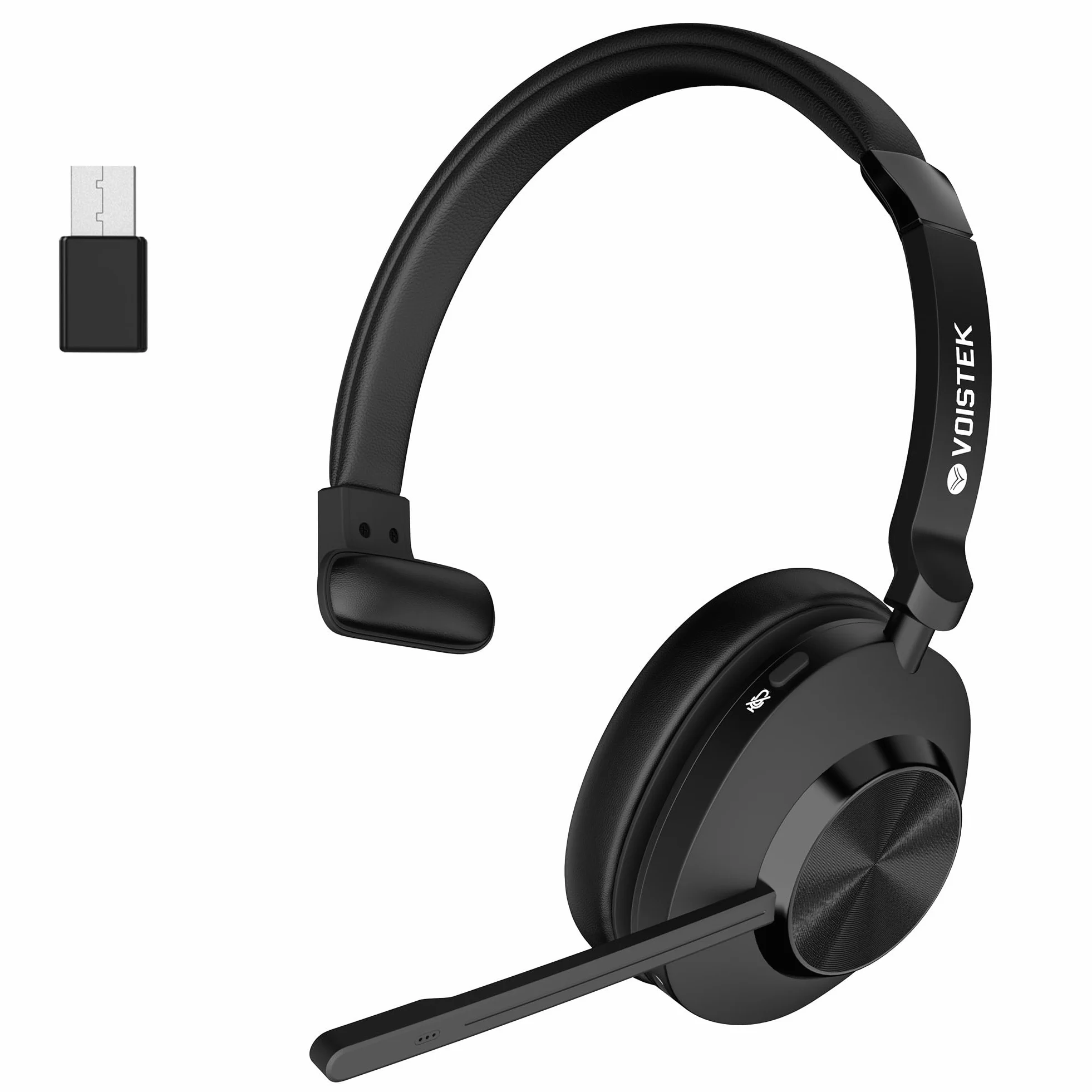 Voistek Cuffie Bluetooth Wireless con Microfono e Cancellazione del Rumore, Dongle USB per PC, Pulsante Muto, Ideali per Ufficio, Meeting, Zoom, Call Center, Homeoffice, Computer(Nero senza base)