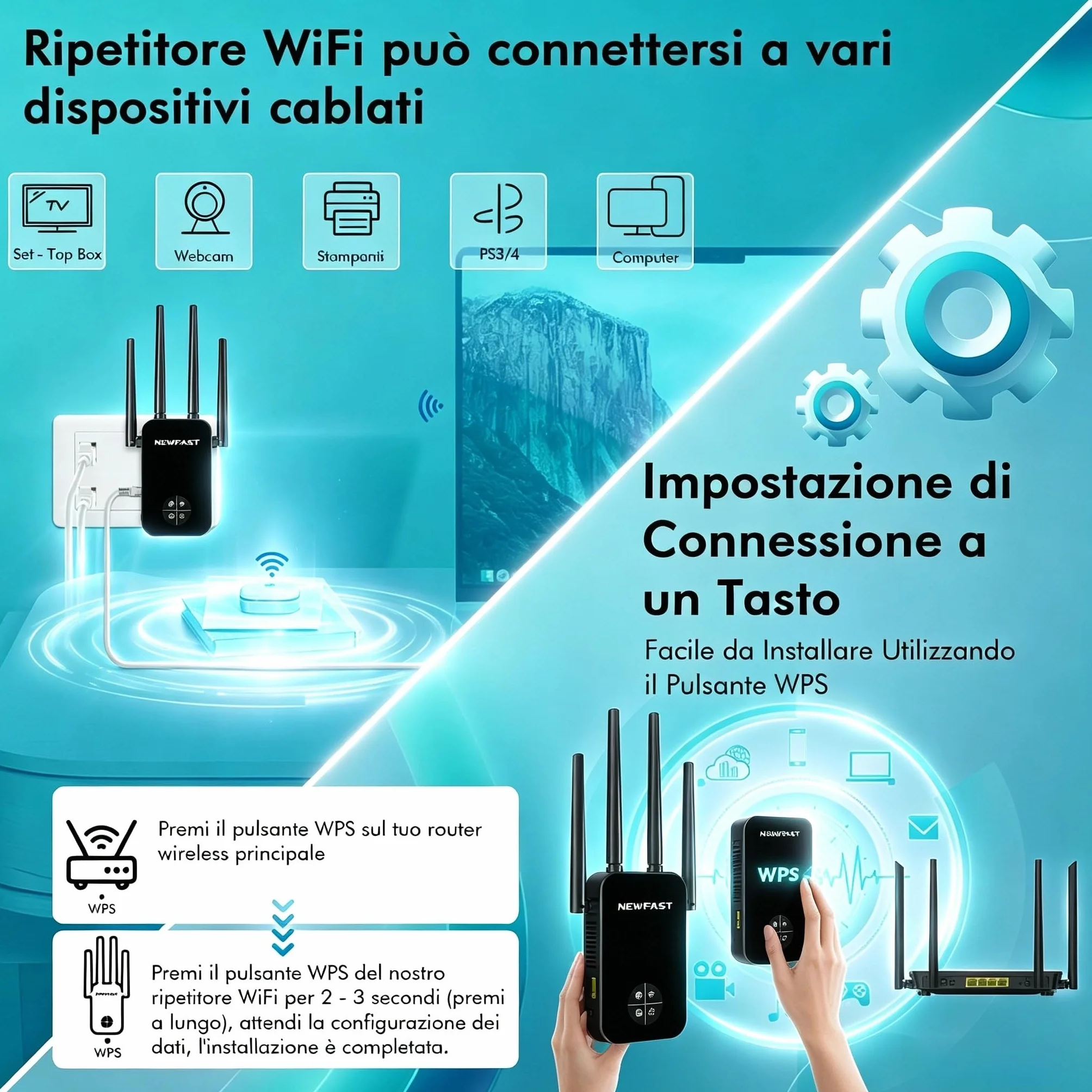NEWFAST Ripetitore WiFi Potente per Casa, 1200Mbps WiFi Extender Dual Band 2.4GHz/5GHz con 4 Antenne ad Alto Guadagno, Porta Ethernet, WPS, Display Intelligente, Amplificatore WiFi Supporta 3 Modalità