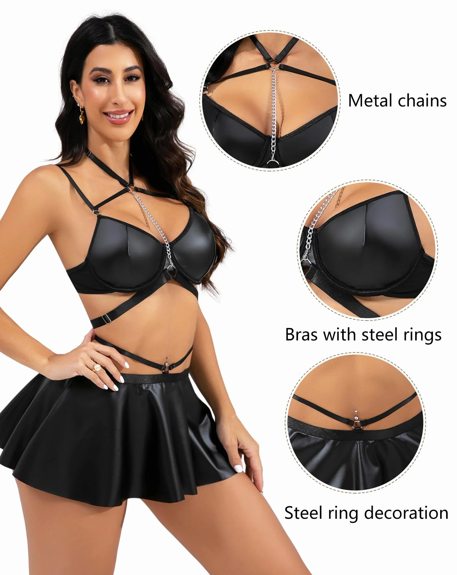 EVELIFE Lingerie Sexy Set Con Reggiseno a Catena e Mini Gonna Bodycon Halter Neck Backless Babydoll Taglie S-XXL