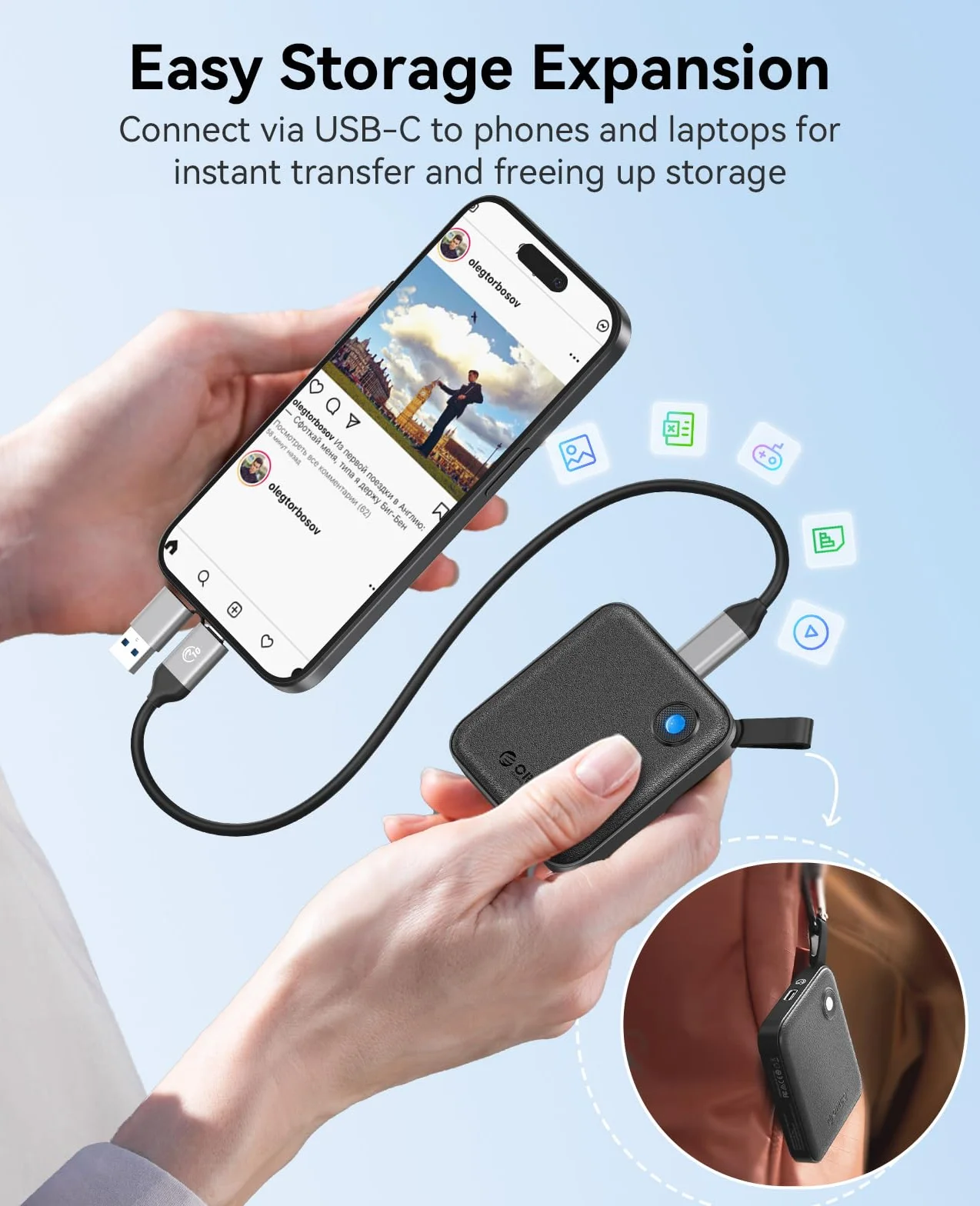 ORICO SSD Esterno 480 GB con Cavo USB-C 2 in 1, Unità a Stato Solido Esterna Portatile, Fino a 460 MB/s, Indicatore di Stato, per Smartphone, Tablet e PC con Interfaccia USB-C - B5PLUS