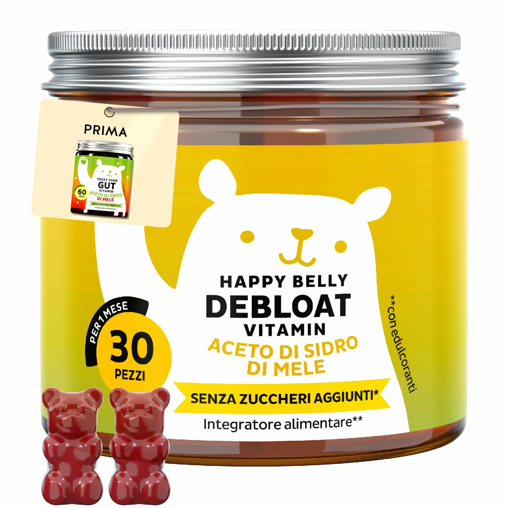 Happy Belly Debloat Aceto di Mele Gommose 7500mg Vitamina B6 B12 30 Pezzi Senza Zuccheri Vegano