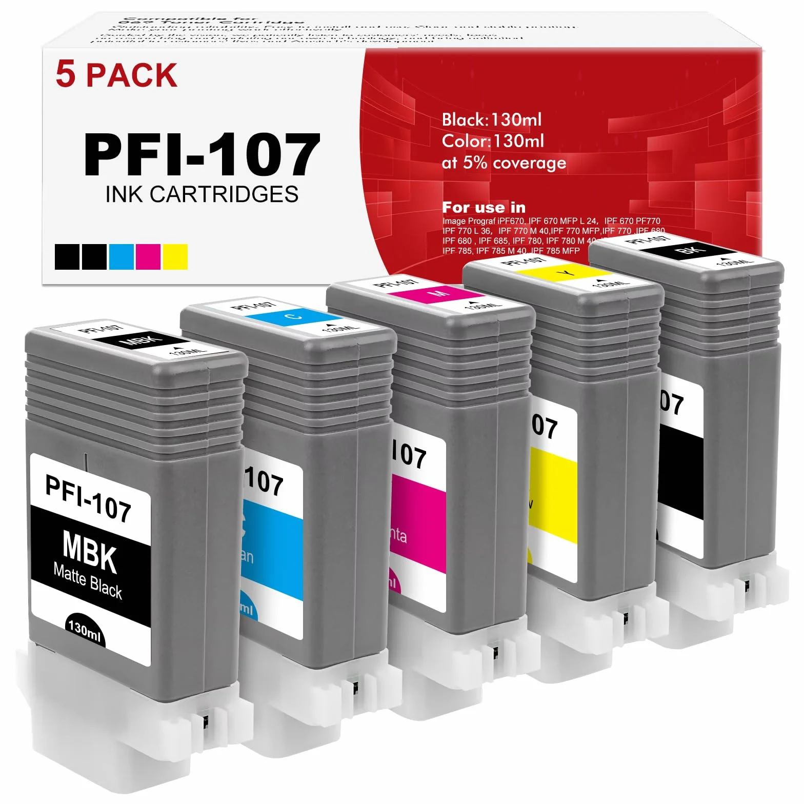 PFI-107 PFI107 Cartuccia d'inchiostro per Cartucce Canon PFI-107MBK PFI-107BK PFI-107C PFI-107M PFI-107Y 6705B001 Sostituzione per Canon ImagePROGRAF iPF670 iPF685 iPF680 iPF770 iPF785 iPF780