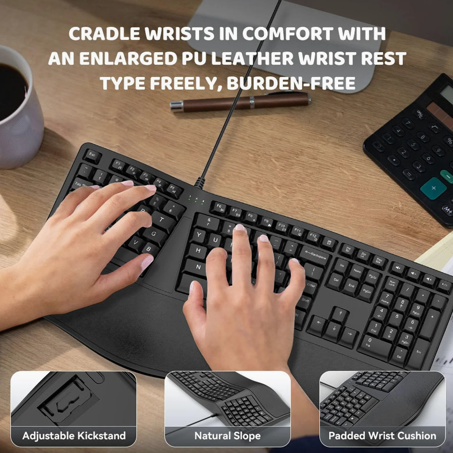 Tastiera Ergonomica Divisa Progettata Comodamente per Lunghe Ore di Digitazione con Poggiapolsi per Utenti Laptop, Tastiera Cablata USB con 110 Tasti per Lavoro D'ufficio