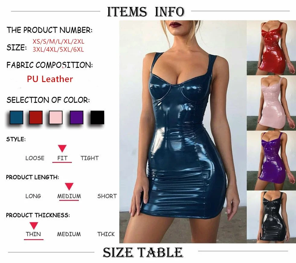 Abito da donna clubwear in pelle PU effetto bagnato spalline scoperte mini