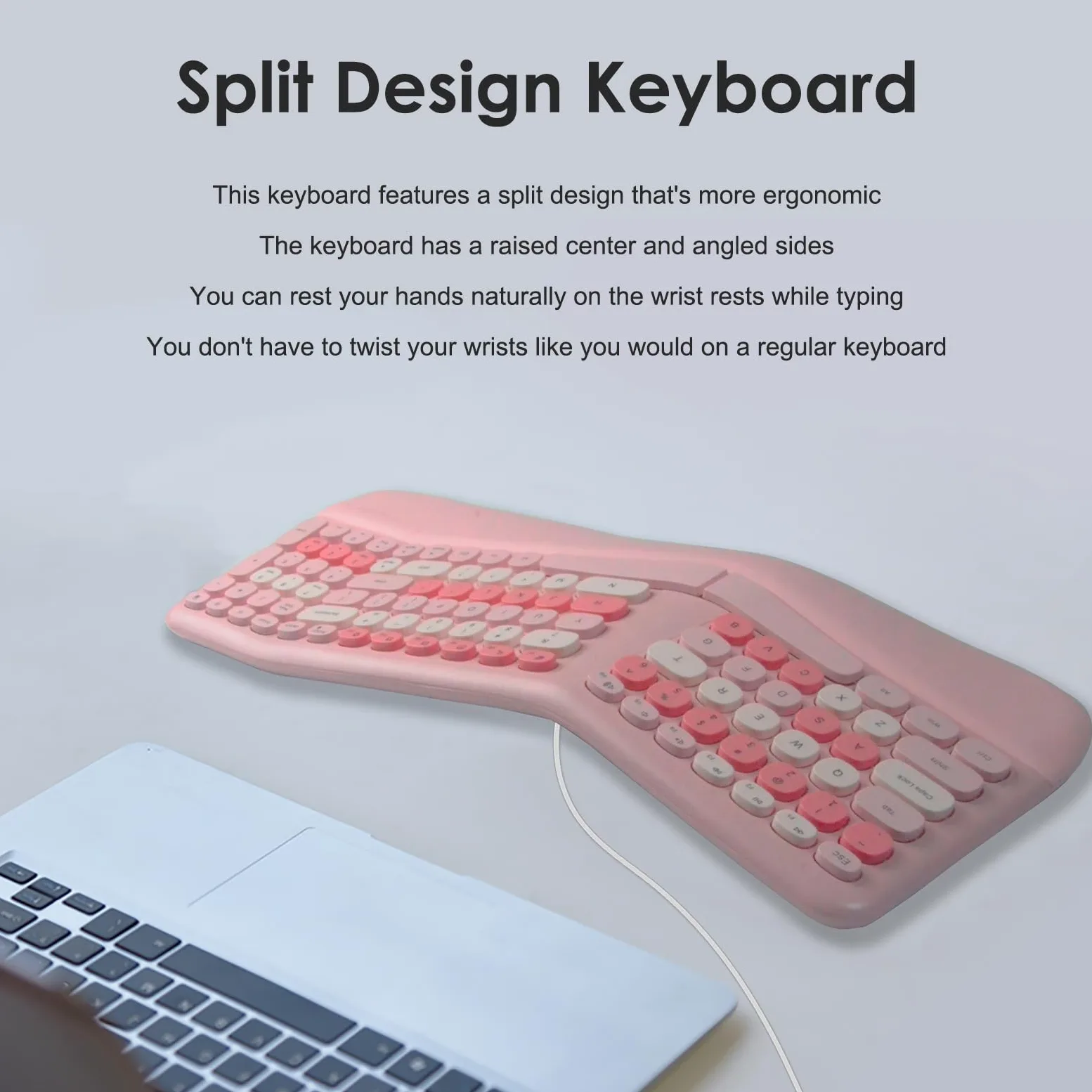 Lomiluskr Tastiera ergonomica cablata con poggiapolsi in PU, tastiera per tunnel carpale, design colorato con split ergo, comoda digitazione naturale, compatibile con PC/laptop (rosa)