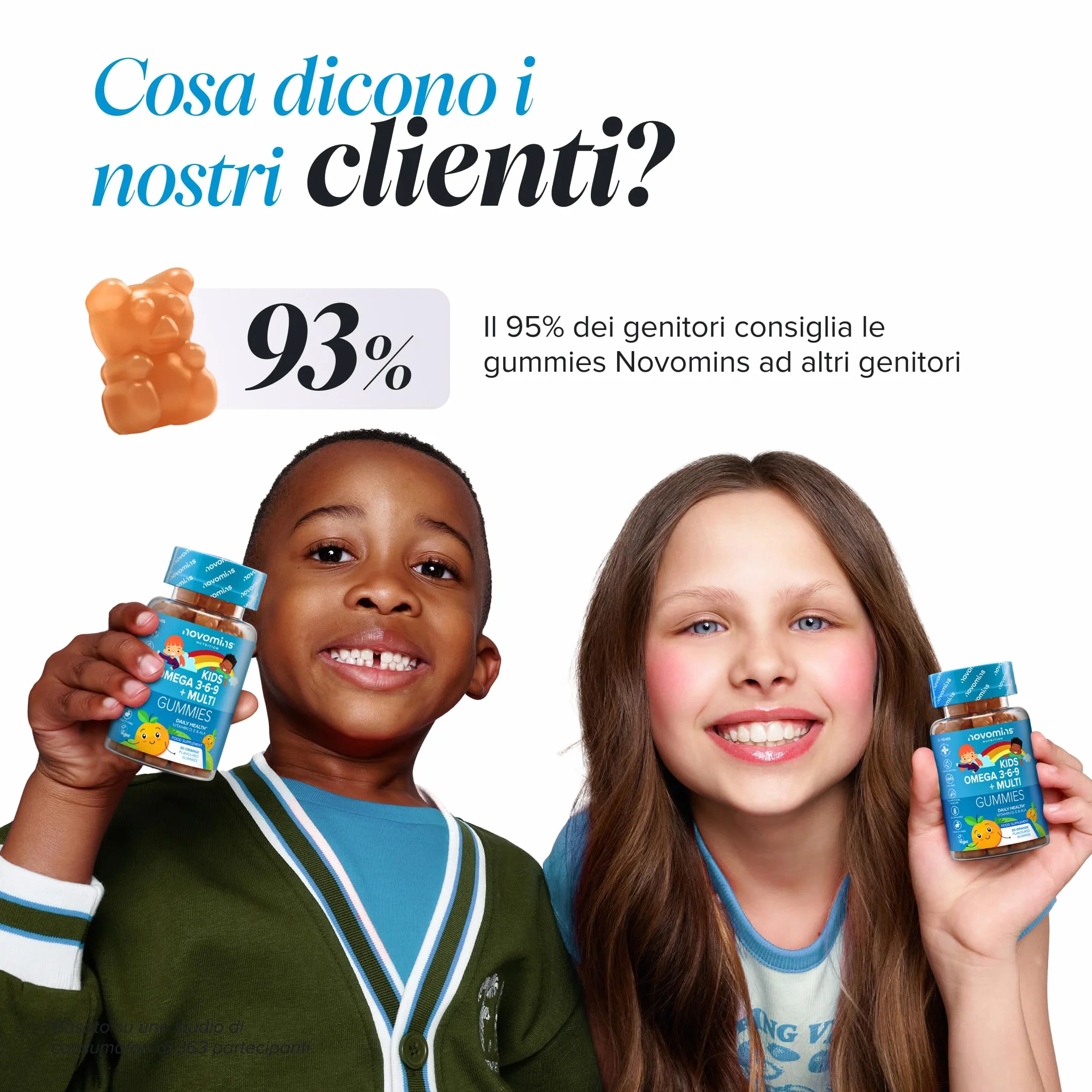 Novomins Omega 3 6 9 Vegan Gommose per Bambini con ALA Olio di Perilla 50mg Vitamine D ed E 30 Gusto Arancia