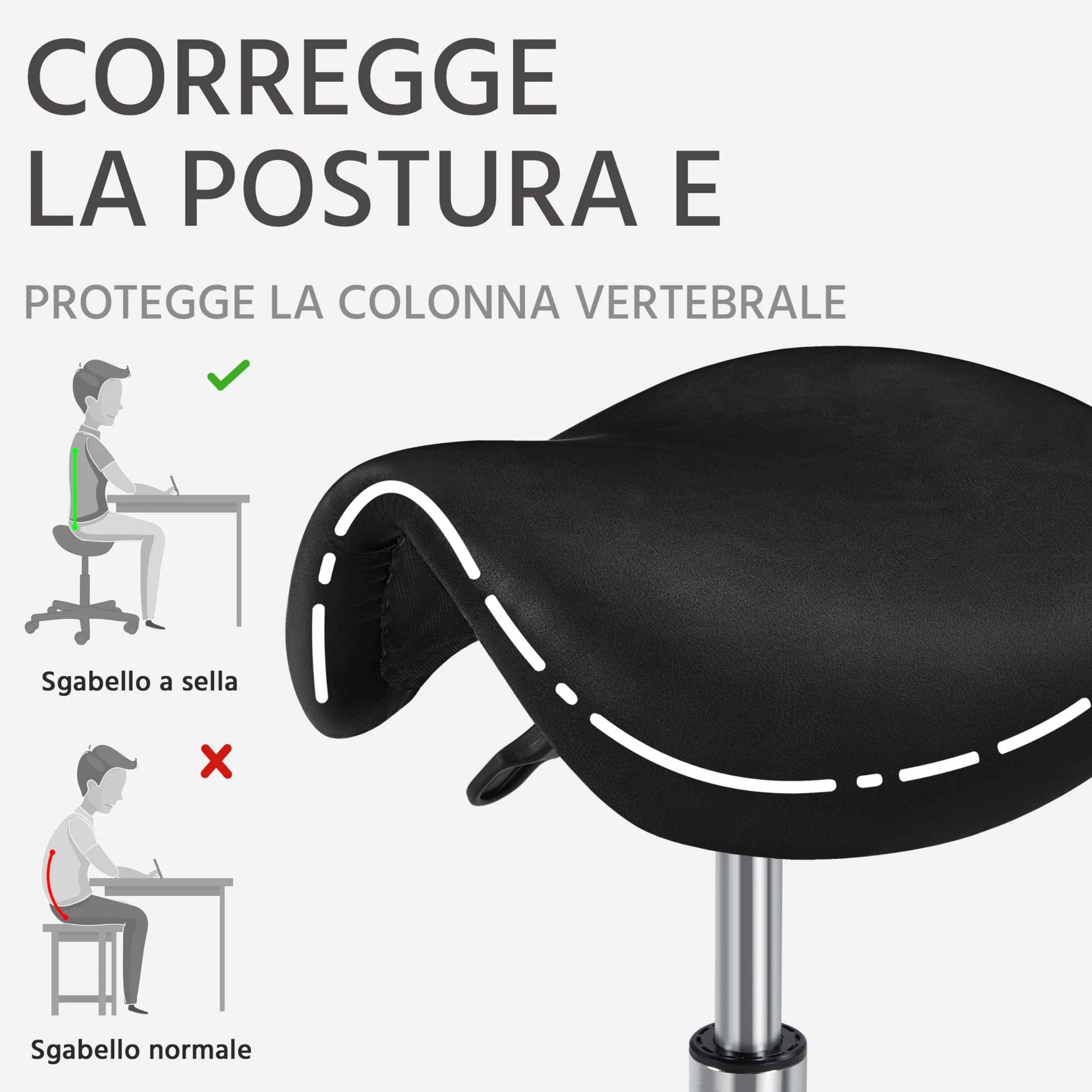 Yaheetech Sgabello a Sella con Ruote Regolabile in Altezza Sedia Estetista Girevole Ergonomico Nero