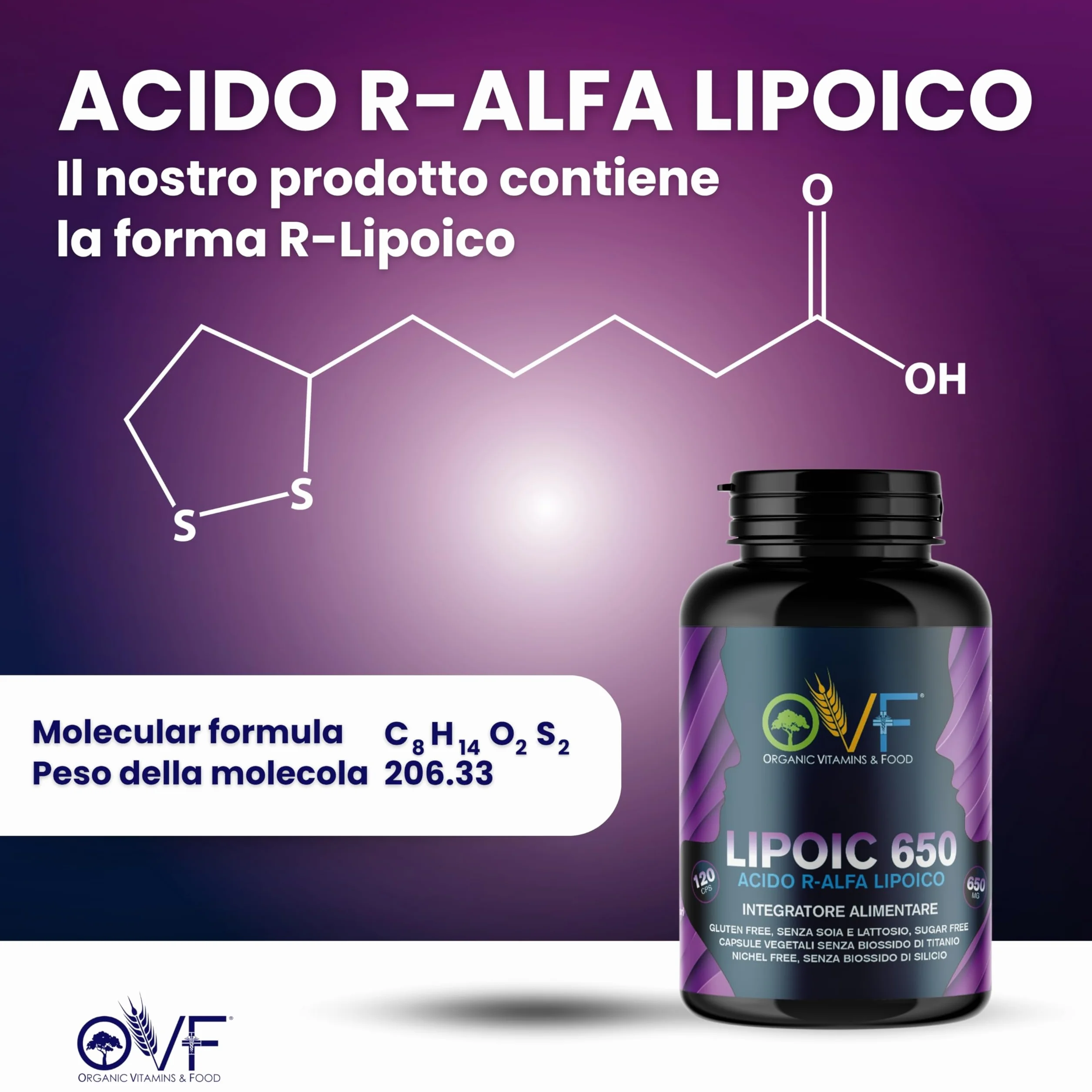 Acido R-Alfa Lipoico 650 mg 120 Capsule Antiossidante Antinfiammatorio Naturale Vegano Made in Italy
