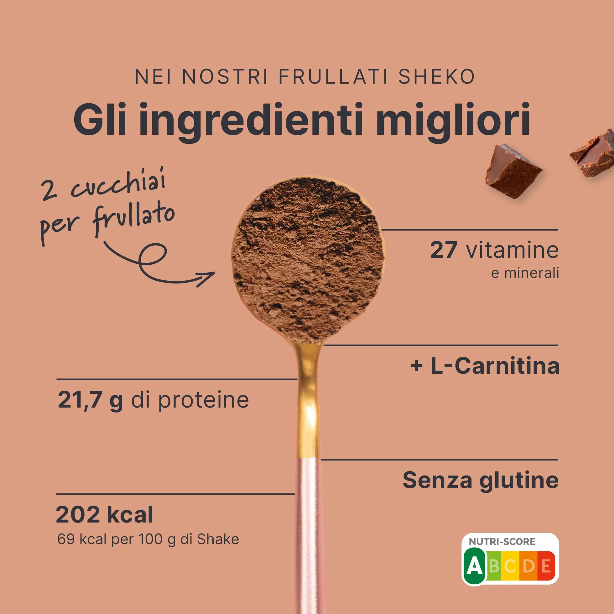 SHEKO Frullato sostitutivo di base 21 porzioni Alto contenuto proteico Gusto naturale Cioccolato 378 g