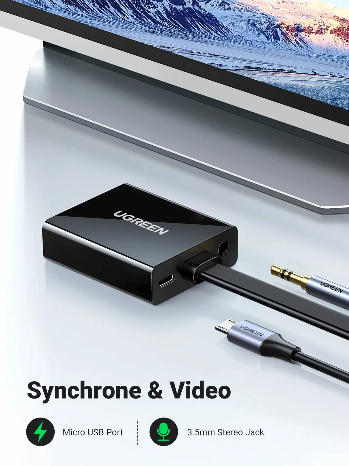 UGREEN - Cavo adattatore HDMI a VGA, 1080P, HDTV attivo, trasmissione audio, supporta PC, laptop, Chromebook, Raspberry Pi, nero