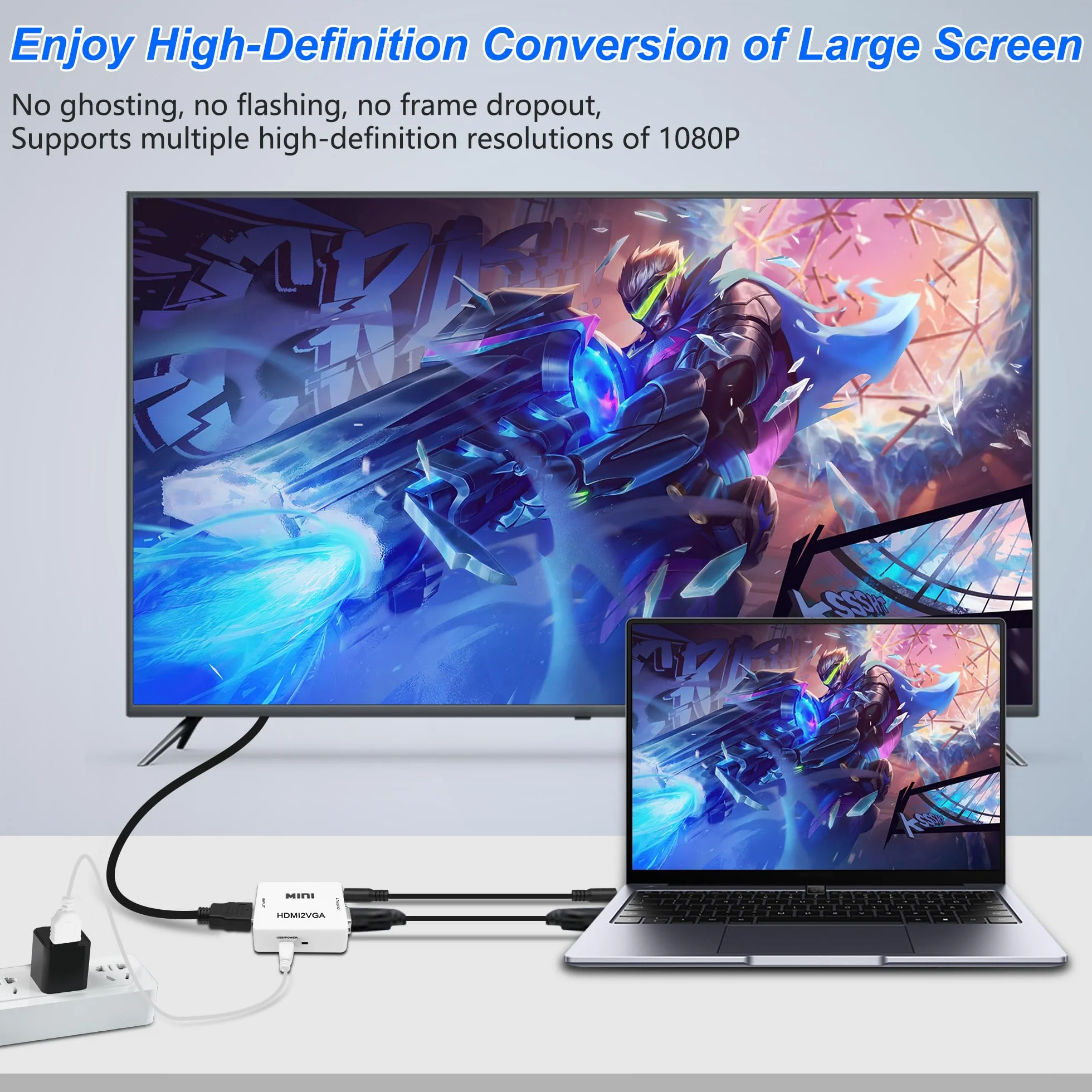 MEIRIYFA Adattatore da HDMI a VGA, adattatore Unidirectional HDMI a VGA con audio da 3,5 mm e cavo di alimentazione Mini USB per computer, desktop, laptop, PC, HDTV, monitor, proiettore e altro ancora