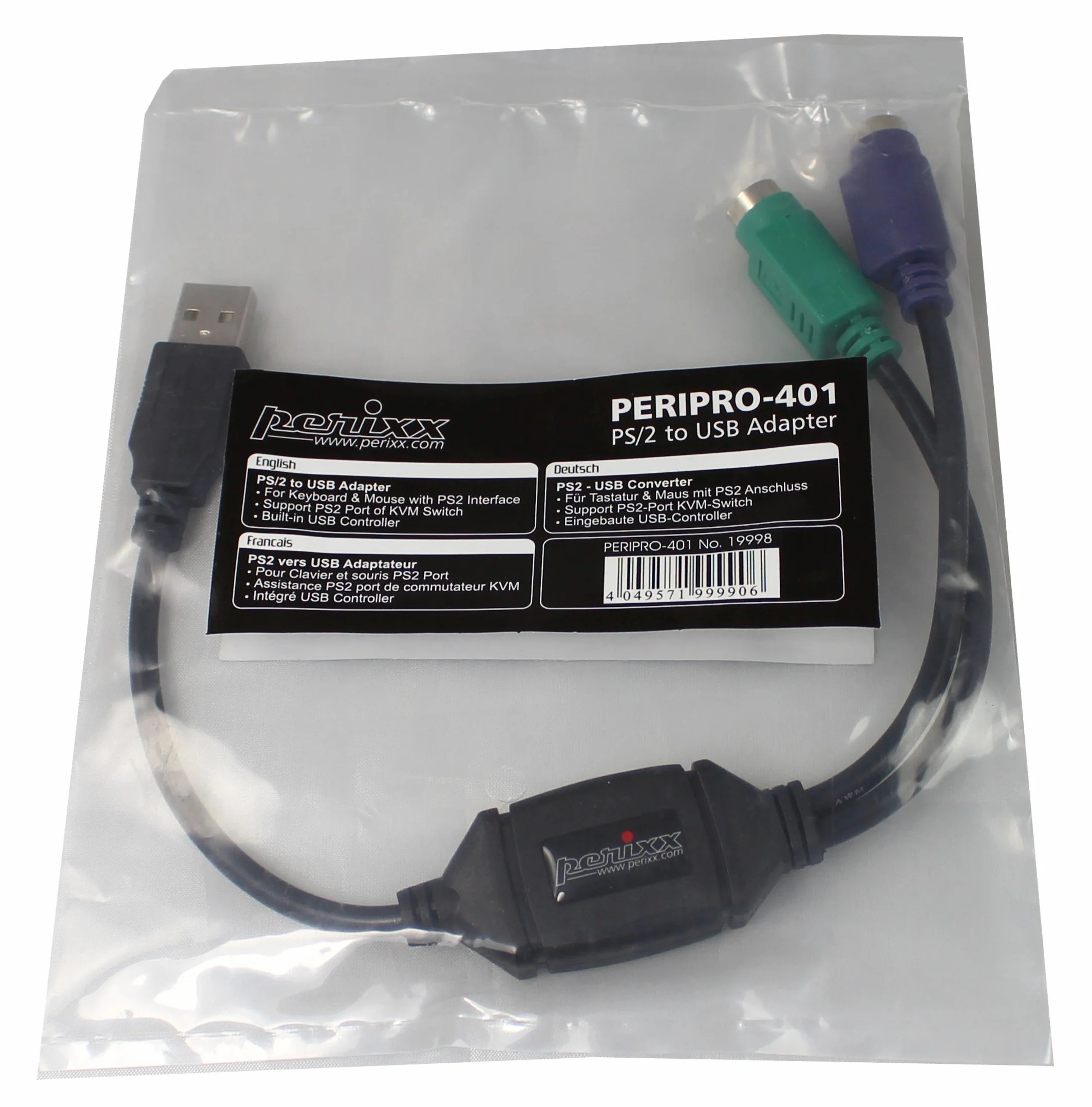 Perixx PERIPRO-401 Cavo da PS2 a USB, per tastiera e mouse con interfaccia PS2, supporta lo switch KVM, con USB IC integrato