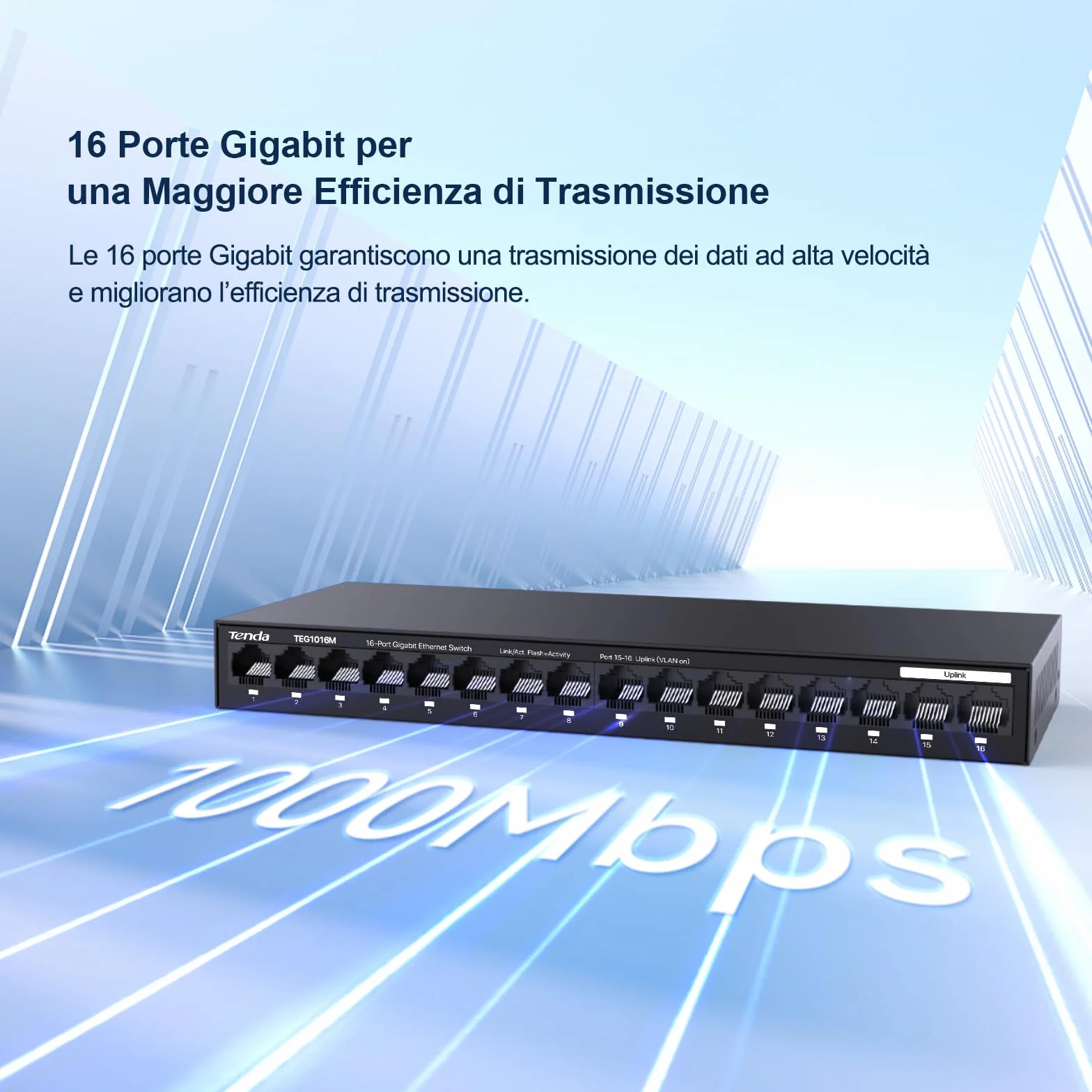 Tenda Switch Ethernet 16 Porte Gigabit, Switch Gigabit 10/100/1000 Mbps, Switch Rete Montaggio Desktop o a Parete, Unmanaged, Plug & Play, VLAN a Una Chiave, Struttura in Acciaio(TEG1016M)