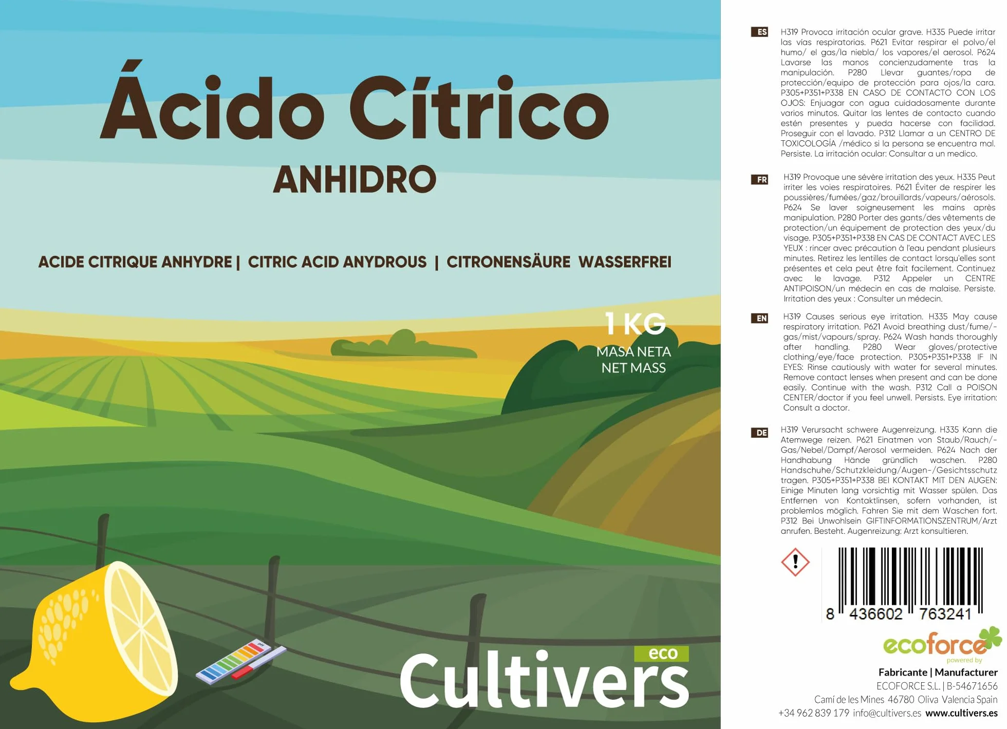 CULTIVERS Acido citrico anidro 100% puro 1 kg Detergente multiuso ecologico correttore di pH