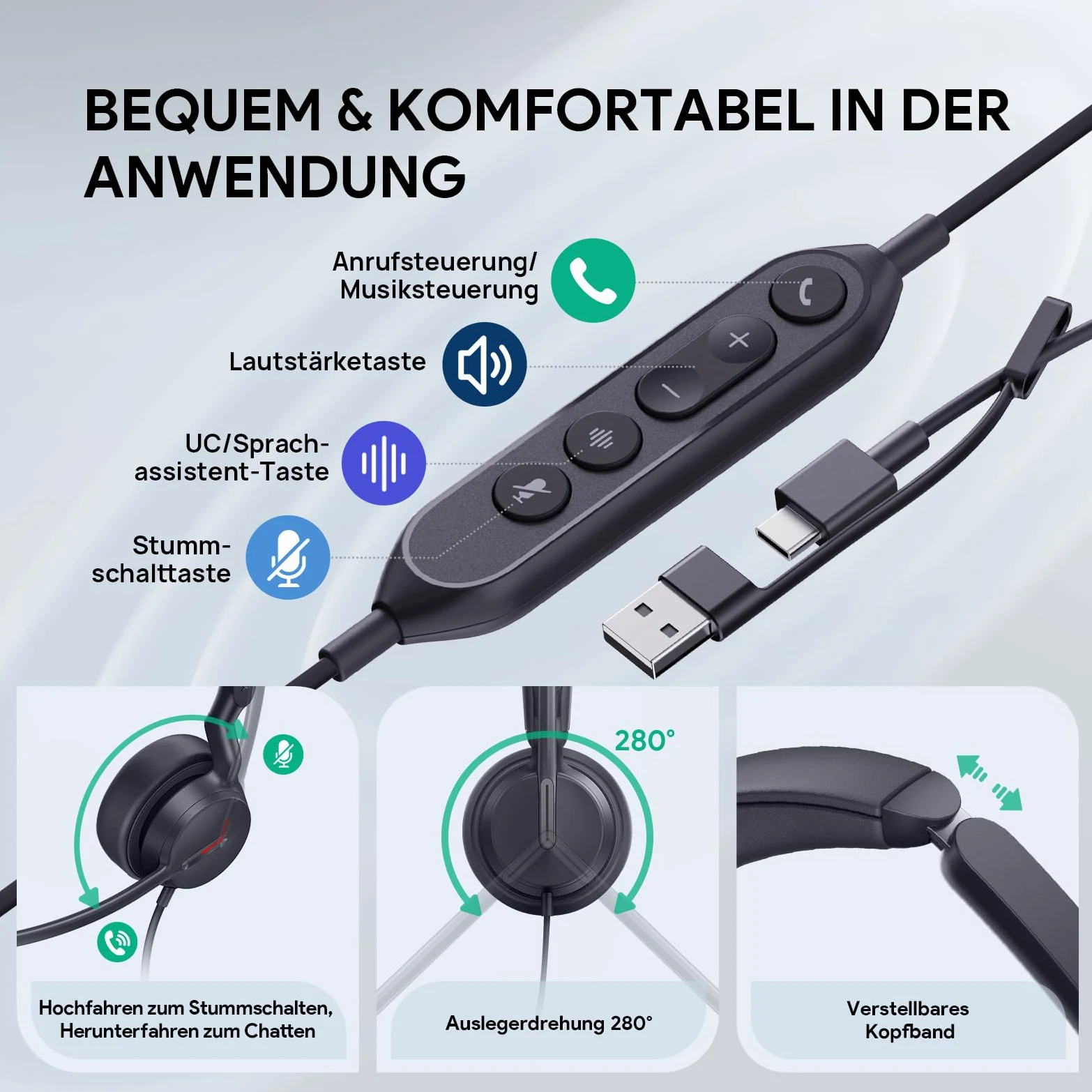 Yealink UH44 Cuffie con microfono, mono, auricolare Teams con cavo USB-C/A e cancellazione del rumore per PC, call center, ufficio e segnalazione di occupato.