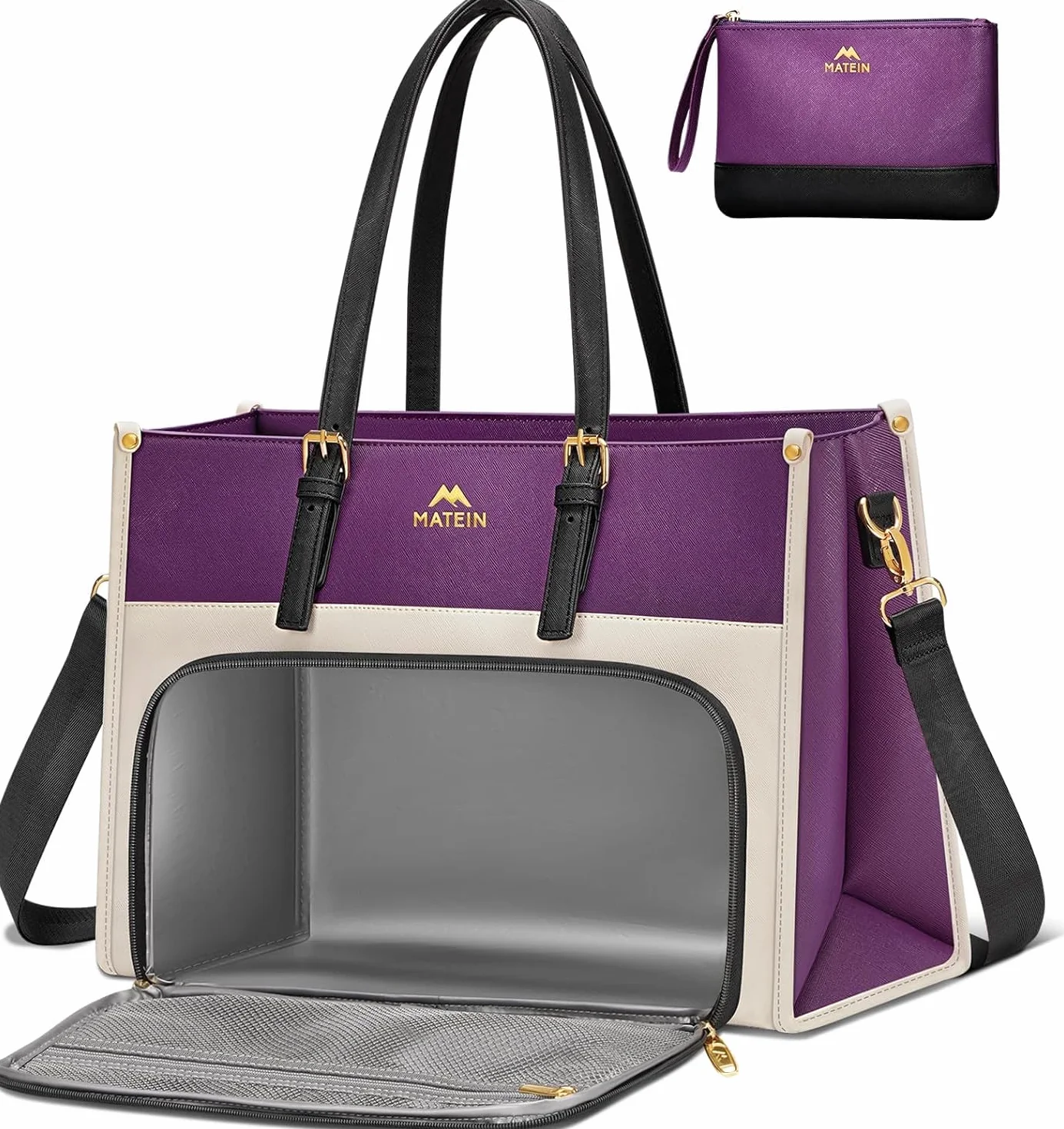 MATEIN Borsa Porta PC Donna con Scomparto Pranzo Isolato, 15,6 Pollici Grande Borsa Tote Elegante con Porta Pranzo, Pochette Impermeabile, Antifurto, per Lavoro Viaggio e Università, Viola