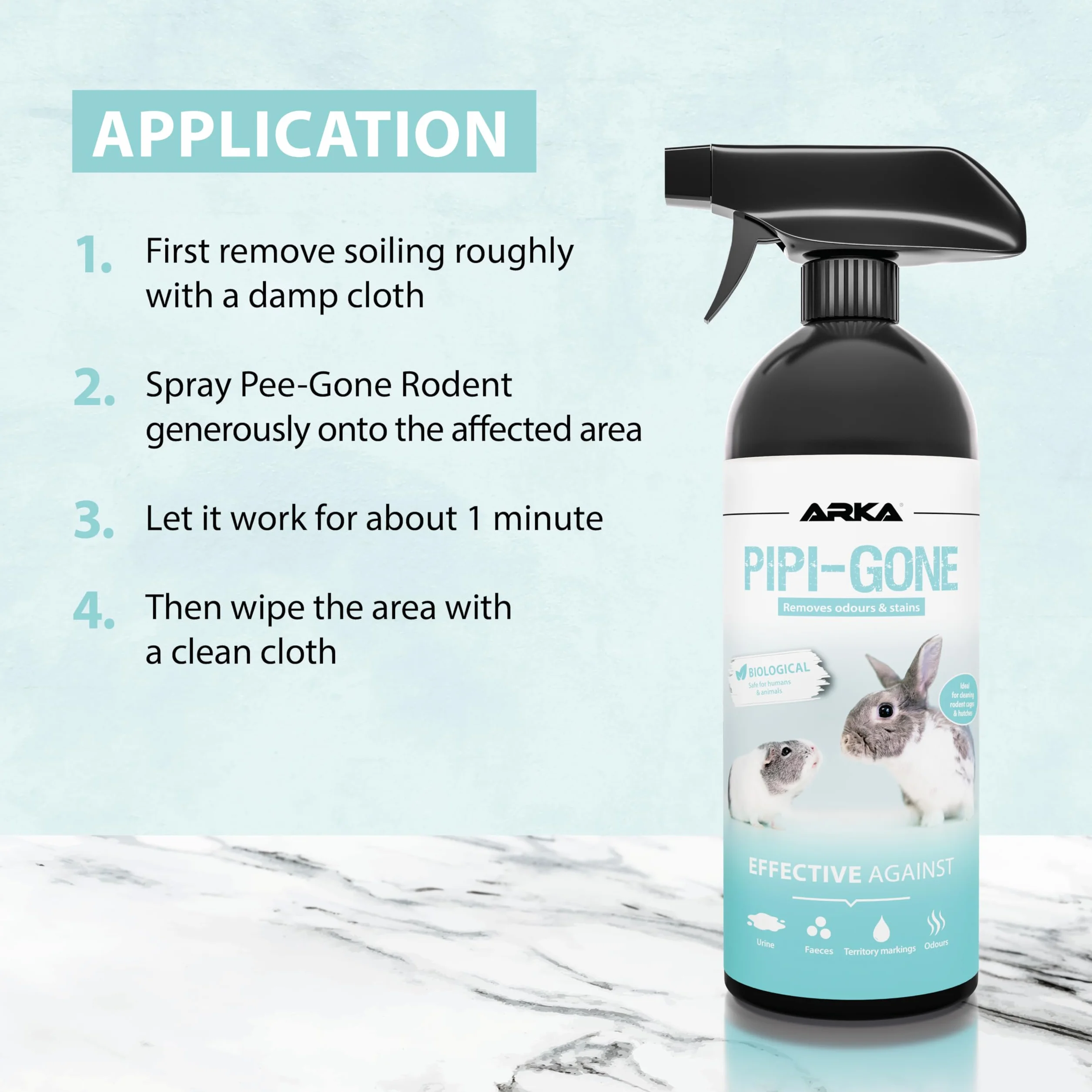 ARKA Pipi-Gone Spray enzimi roditori 750 ml elimina odori macchie urina feci gabbie recinti biologico conigli cavie criceti piccoli animali domestici