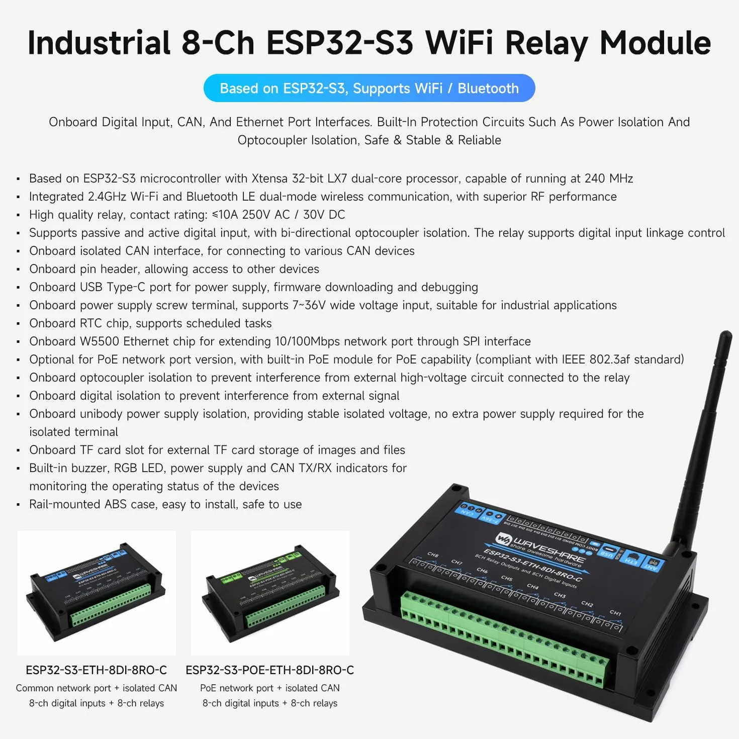 Waveshare ESP32-S3-ETH-8DI-8RO-C(Common Network Port), Industrial 8-Ch ESP32-S3 WiFi Relay Module, Isolated CAN Interface, Xtensa 32-Bit LX7 2-Core Processor, Up To 240MHz, Multi Isolation Protection