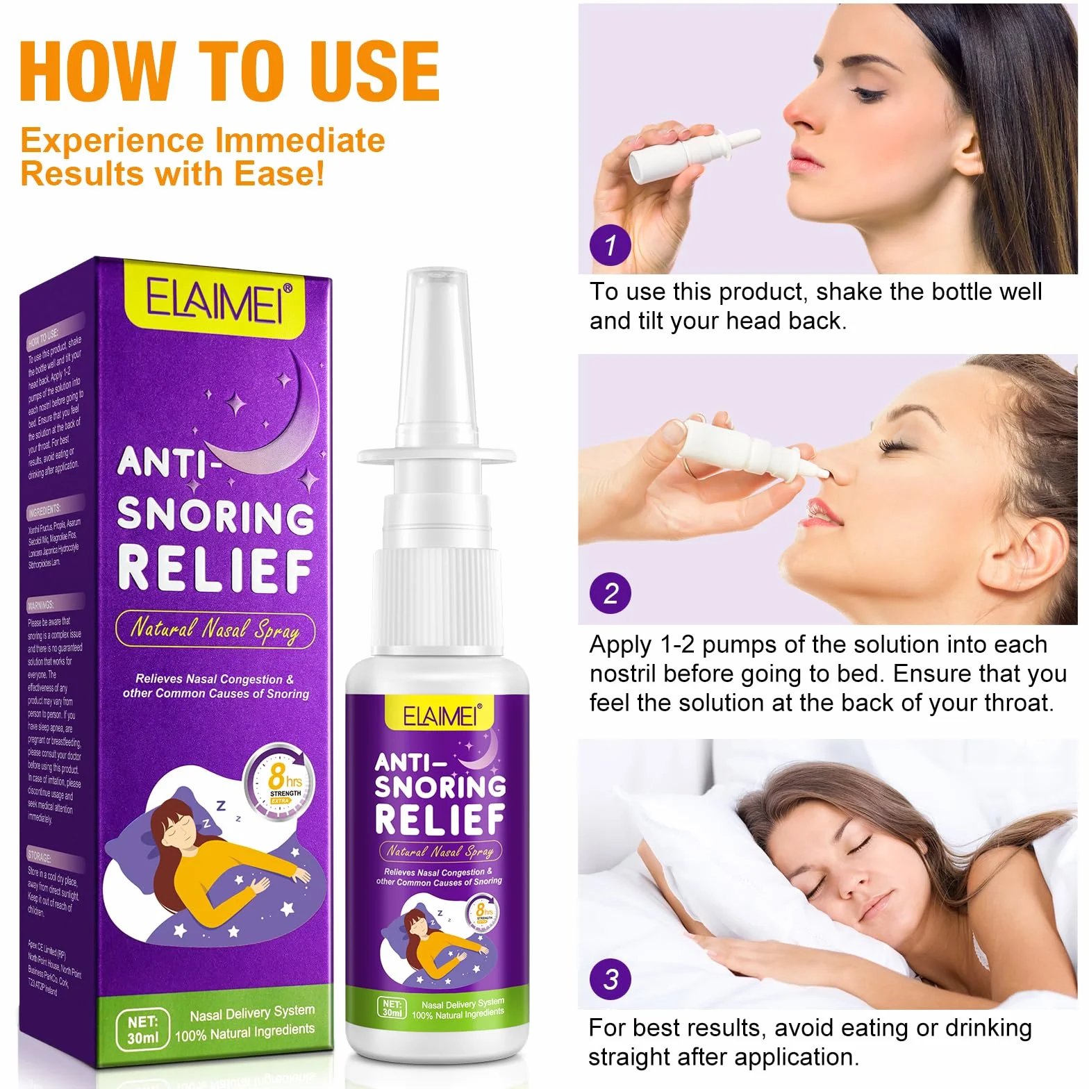 Spray Naturale Antirussamento 30Ml, Spray Nasale, Aiuto Per Il Russare, Migliora La Respirazione