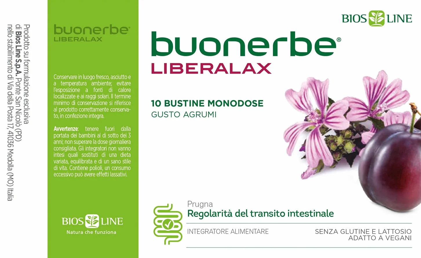 BIOS LINE Buonerbe LiberaLax Integratore Alimentare Intestino Pigro 10 Bustine x 5g Gusto Agrumi