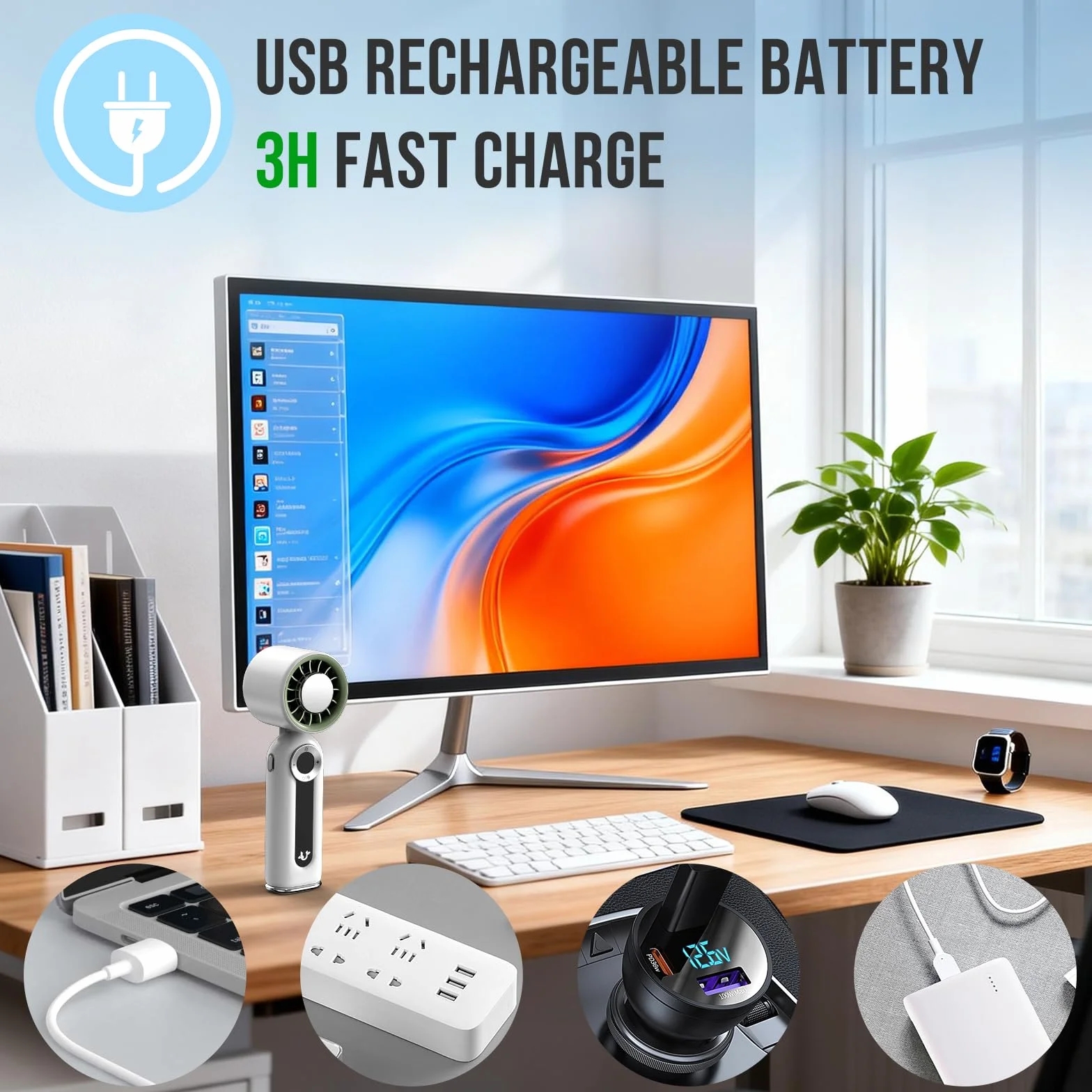 Mini Ventilatore Portatile con Raffreddamento, Ventilatore Ricaricabile con Display LED e Luce Notturna, Pieghevole. Perfetto per Scrivania, Ufficio, Camera da Letto, Cucina e Viaggi – Bianco