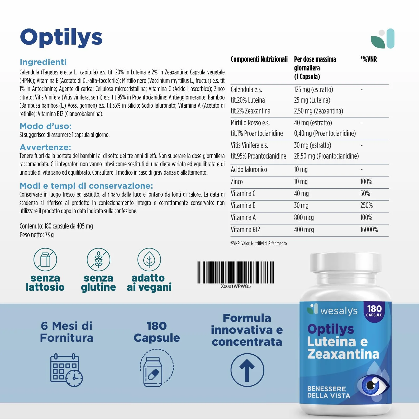 Integratore Occhi con Luteina e Zeaxantina Alto Dosaggio 180 capsule Optilys