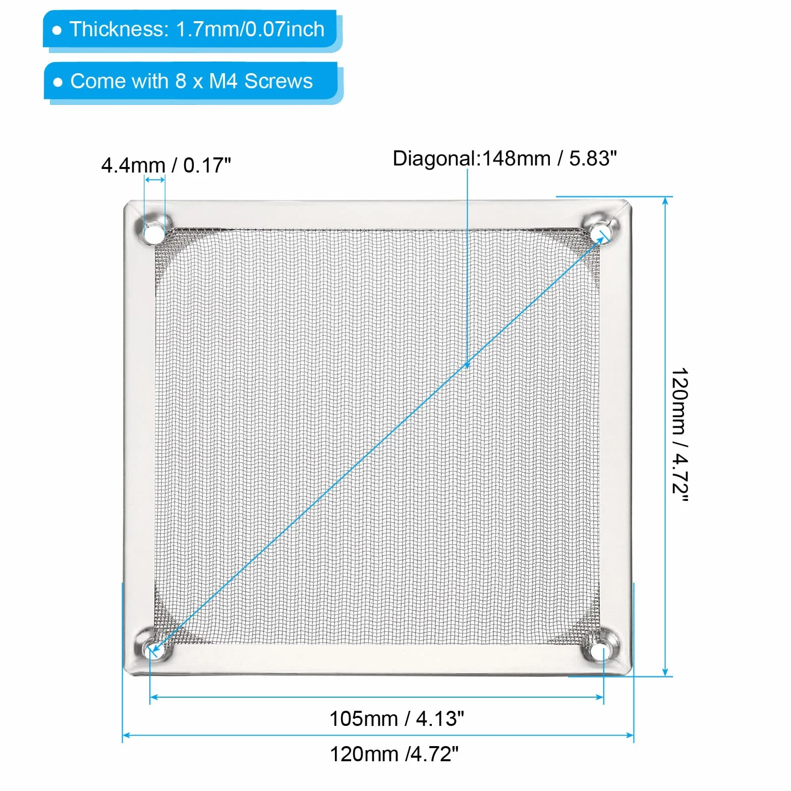 PATIKIL 120mm Ventola Filtro Griglie con Viti, 2pz Alluminio Telaio Inossidabile Acciaio Rete Antipolvere Copertura per Computer Custodia, Argento