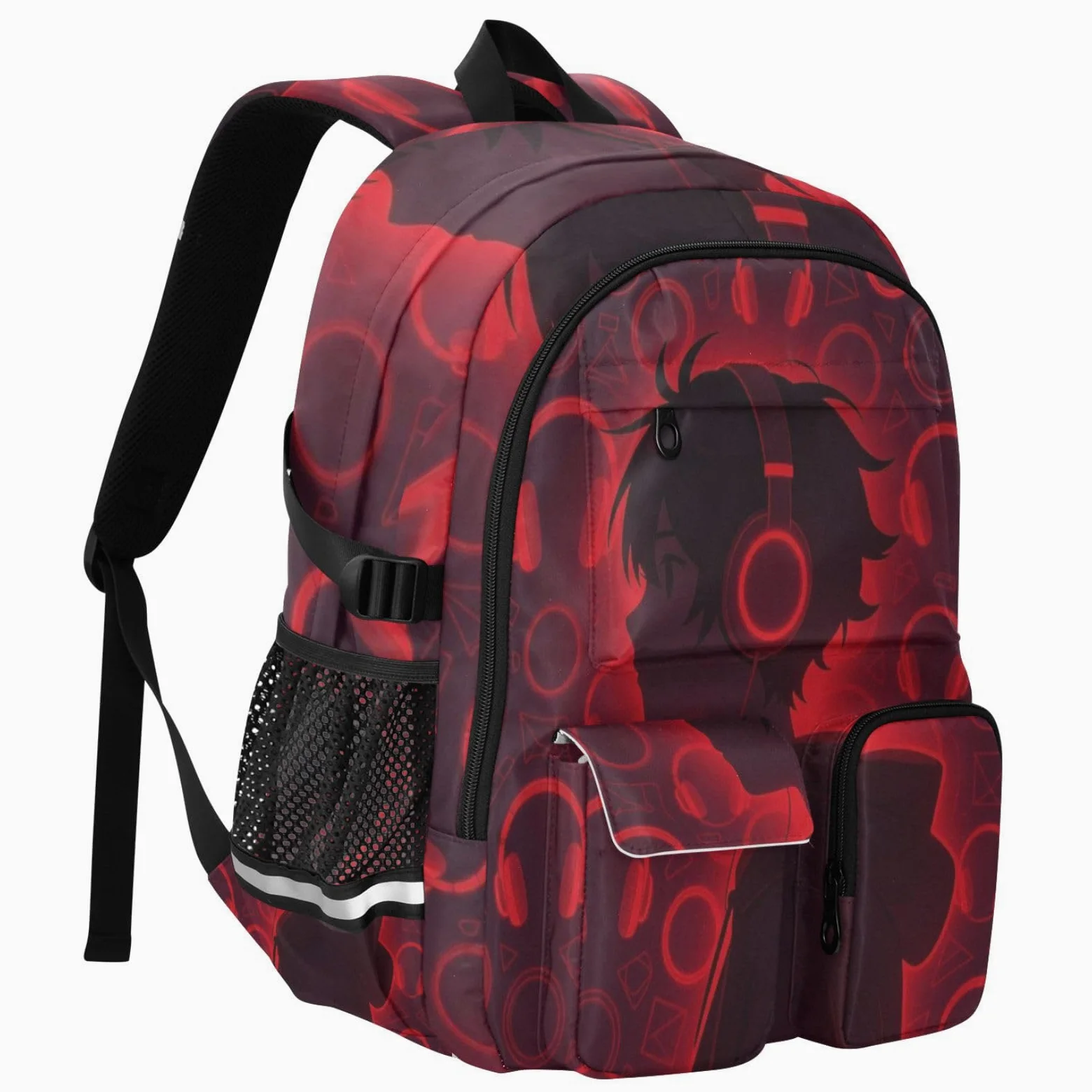 Zaini da viaggio per computer portatile, con motivo anime, con cuffie, colore rosso, 44,5 cm